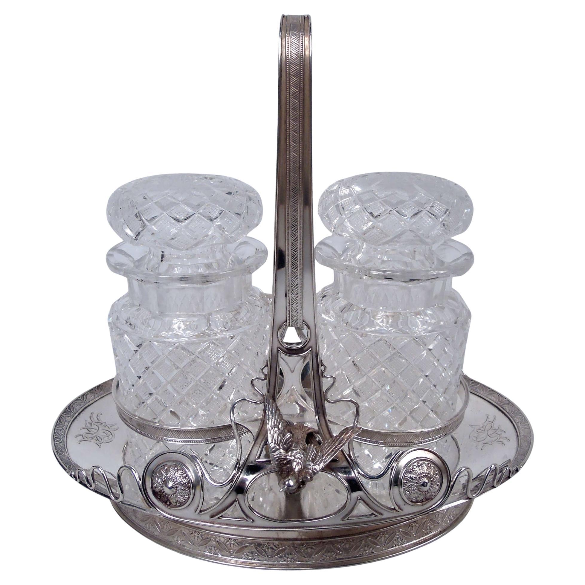 Rare Tiffany Sterling Silver Decanter Set in Historic Japanese Pattern