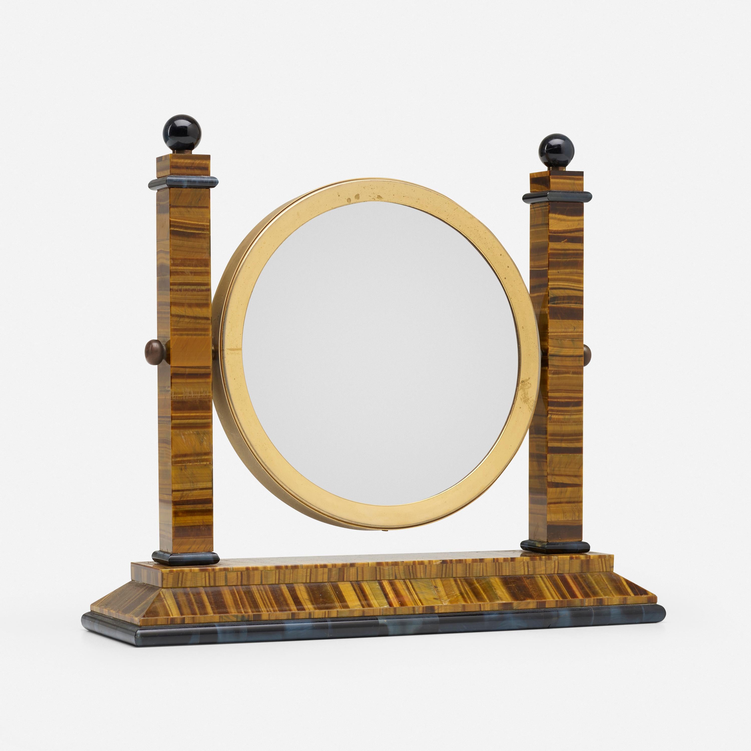 Agate cat's and tiger's eye precious stone, brass table mirror by Christian Dior. Marked under the base: 