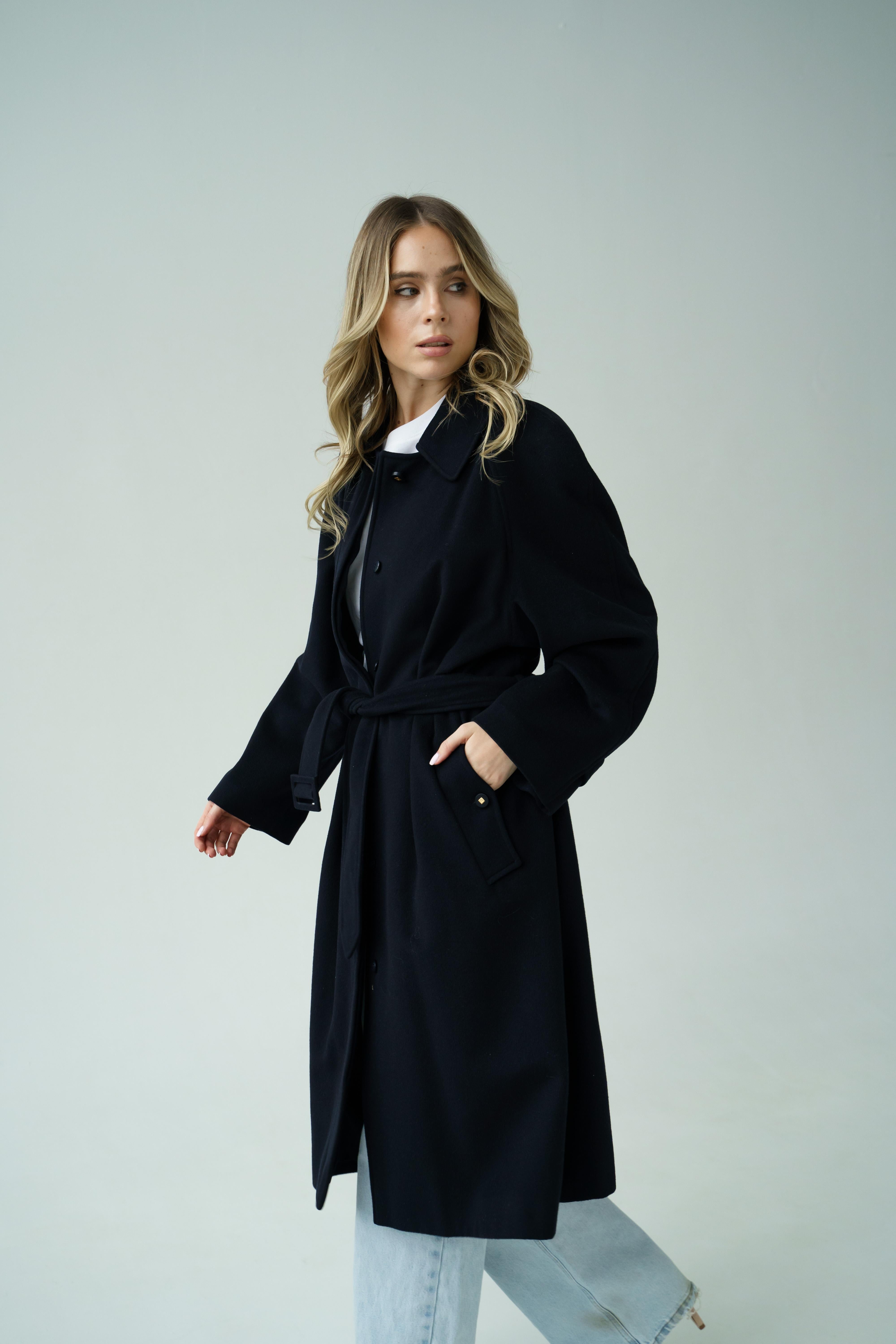Black Rare! Timeless Chanel Fall winter 1996 Belt Cashmere Coat with Logo Buttons