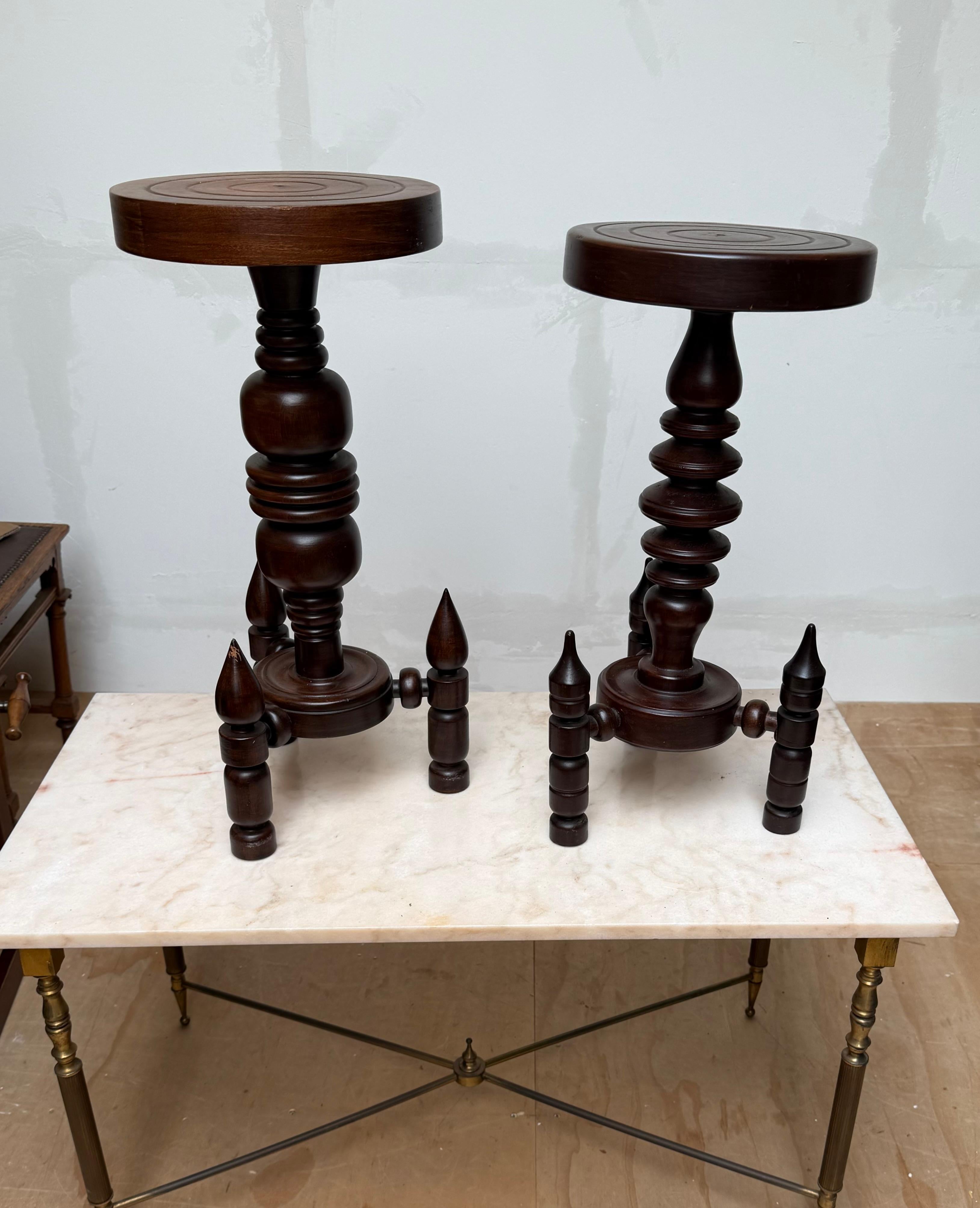 Multipurpose, different in size and shape modernist tables attr. Charles Dudouyt.

This highly decorative and sculptural pair of solid wood side tables is a rare find. Both tables are full of character and craftsmanship .. the tops feature a