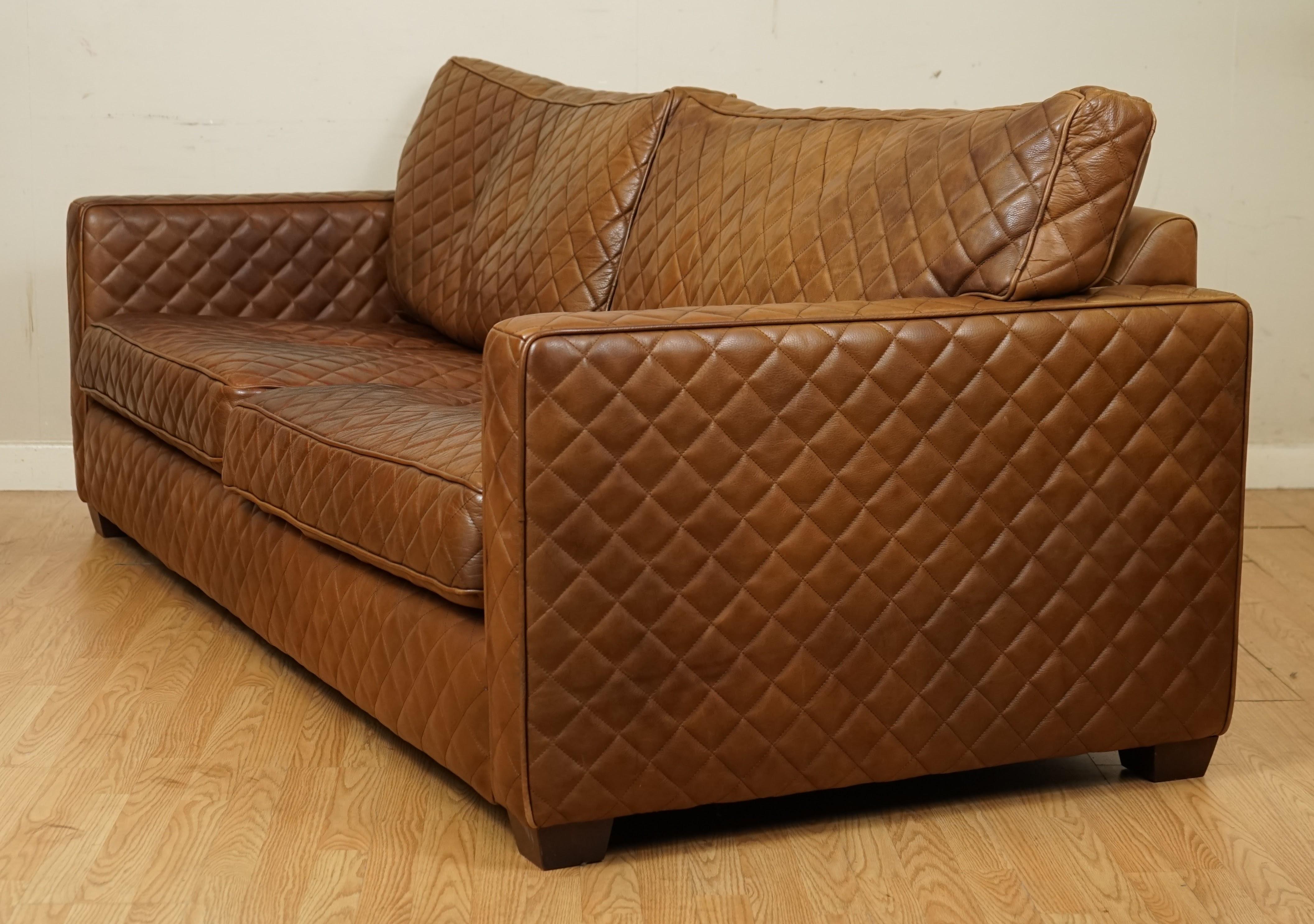 Rare Timothy Oulton Viscount Diamond Stitch Design Brown Leather 3/4 Seater Sofa 3