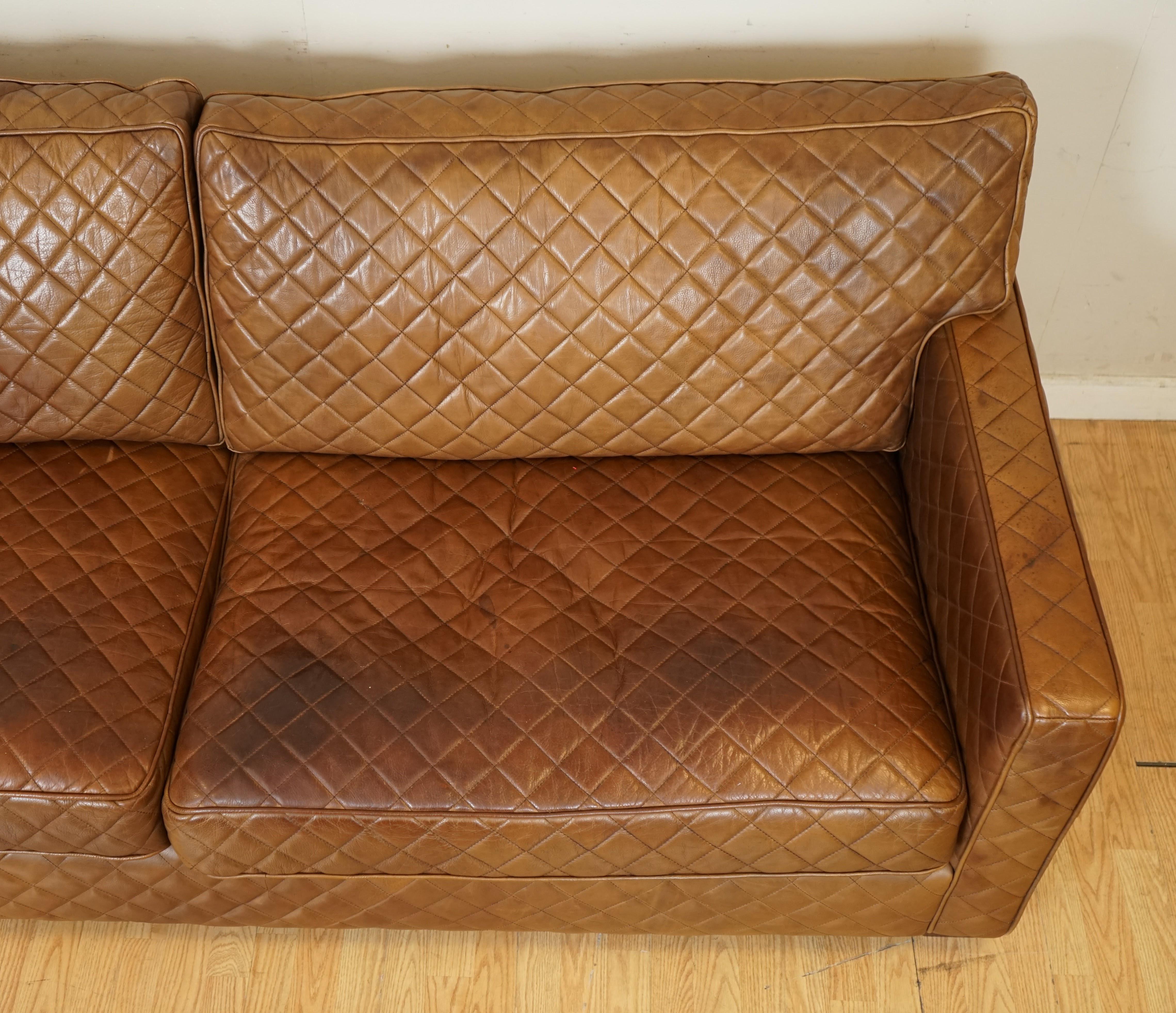 British Rare Timothy Oulton Viscount Diamond Stitch Design Brown Leather 3/4 Seater Sofa