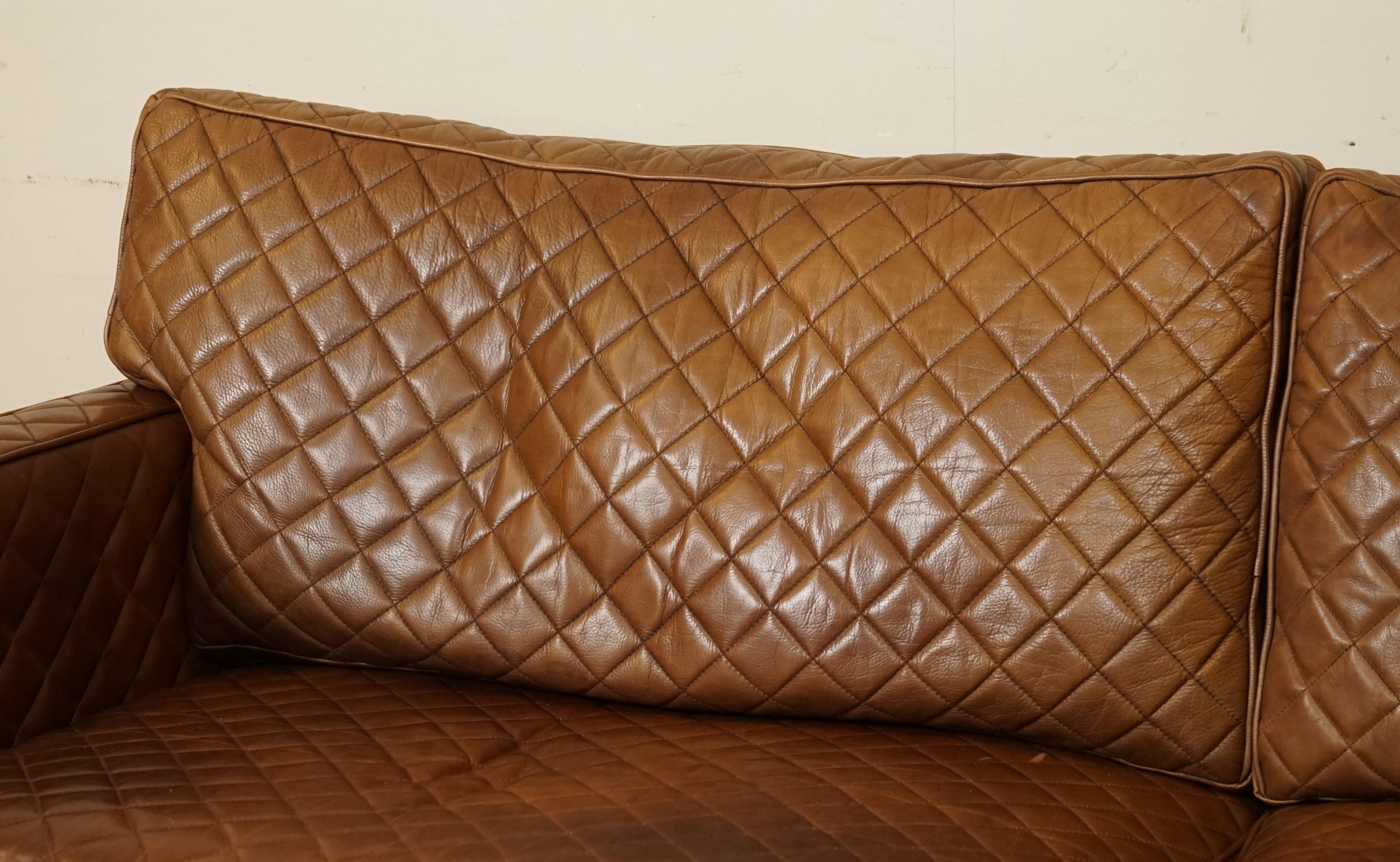 20th Century Rare Timothy Oulton Viscount Diamond Stitch Design Brown Leather 3/4 Seater Sofa