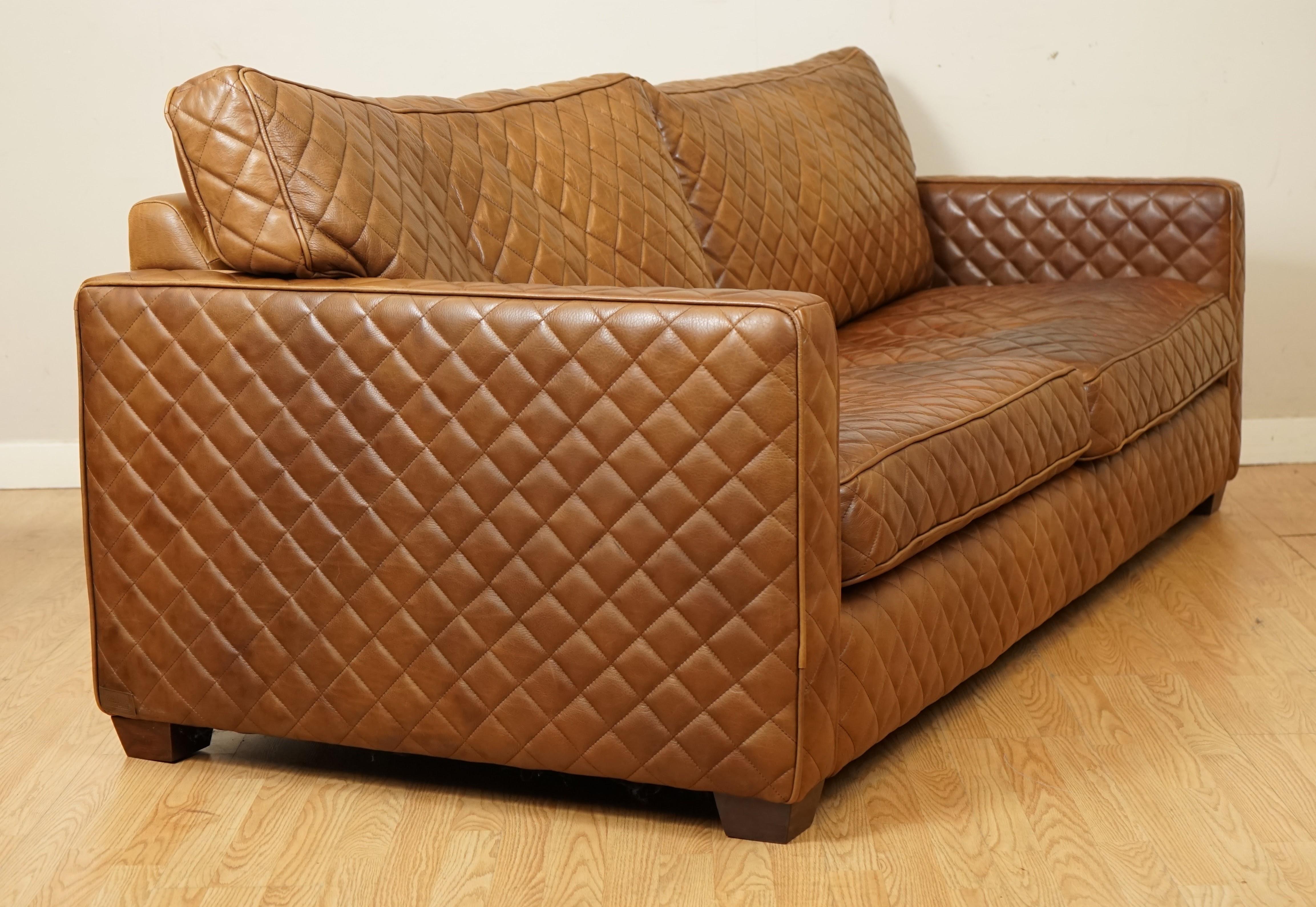 Rare Timothy Oulton Viscount Diamond Stitch Design Brown Leather 3/4 Seater Sofa 1
