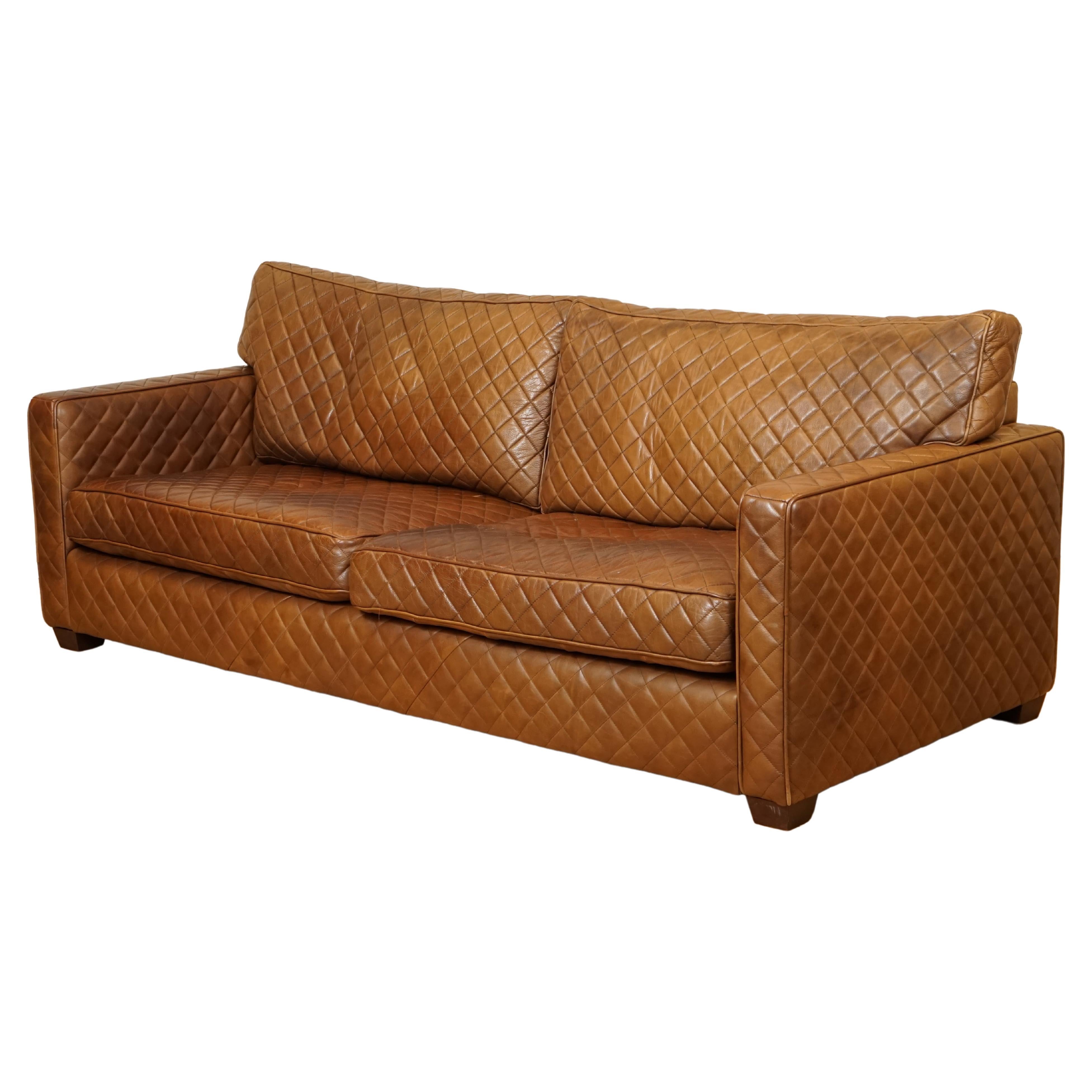 Rare Timothy Oulton Viscount Diamond Stitch Design Brown Leather 3/4 Seater Sofa