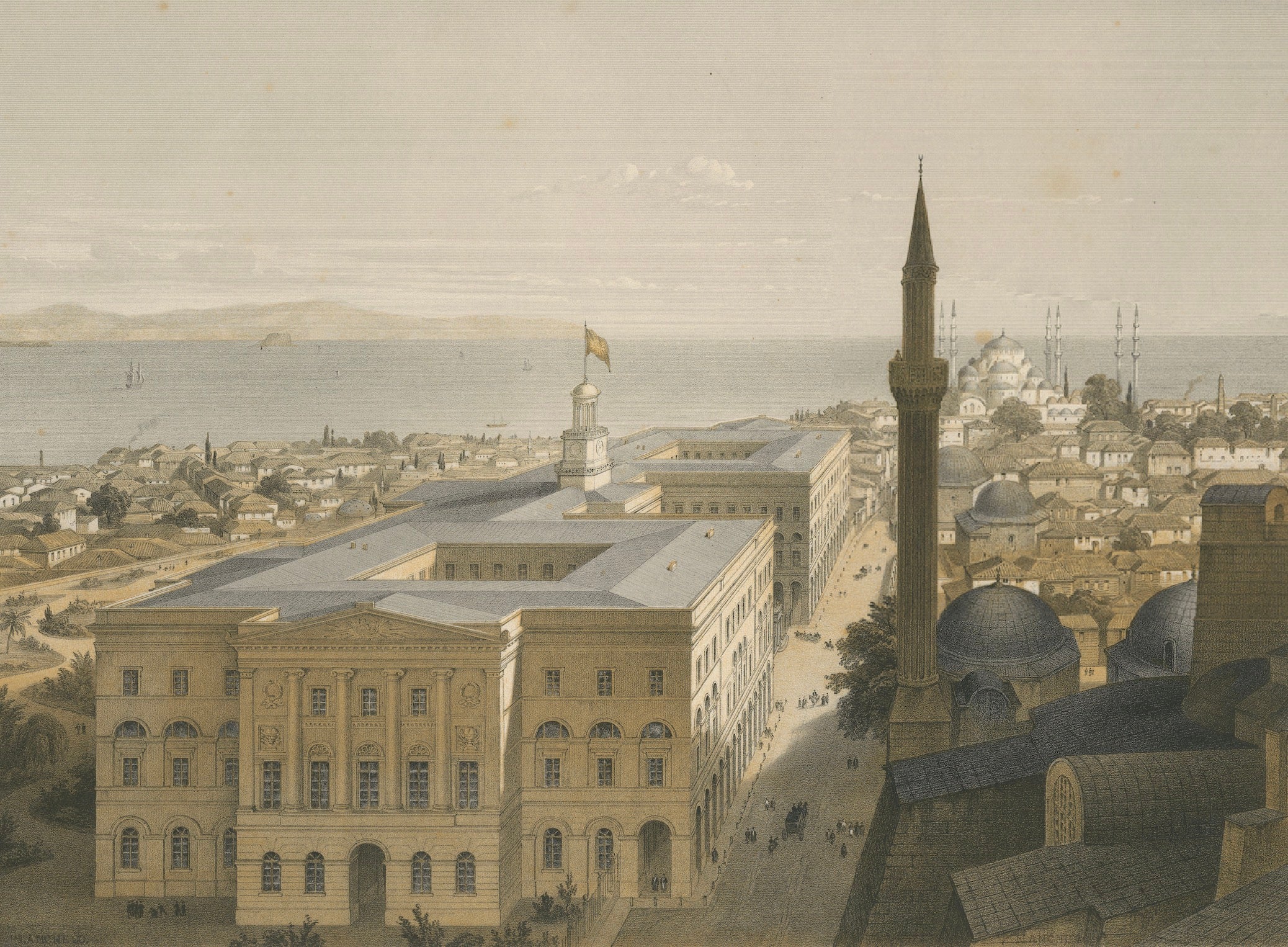 Title: Rare Tinted Lithograph of Istanbul, 1852

Description: This exquisite tinted lithograph depicts a vibrant view of Istanbul, crafted by L. Haghe after Fossati and Gayer. Produced in 1852 for Colnaghi, London, this artwork captures the city's