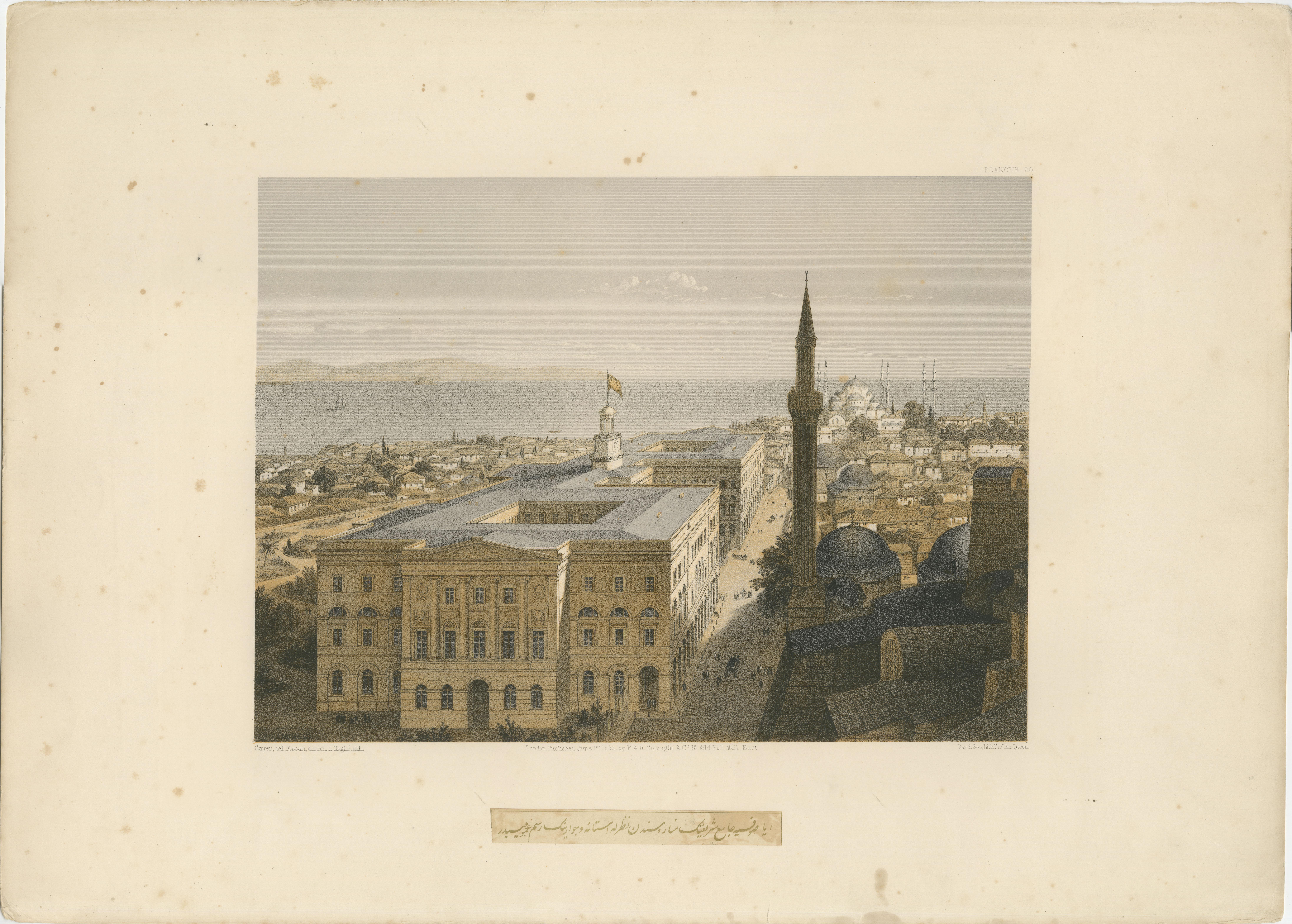Rare Tinted Lithograph of the Ministry of War in Istanbul, 1852 In Good Condition For Sale In Langweer, NL