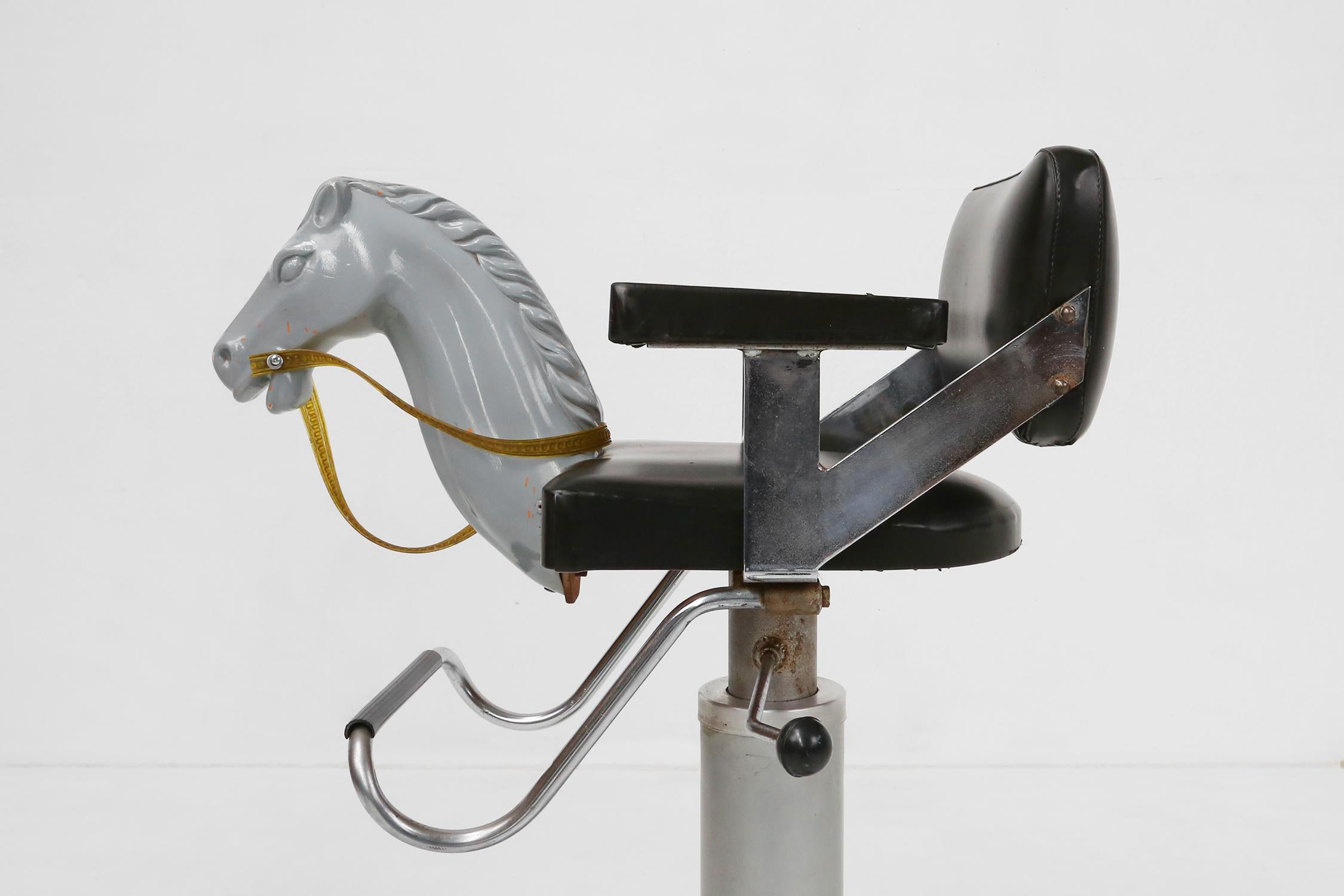 Belgian Rare to find children’s barber chair with horse head, Belgium ca 1950 For Sale