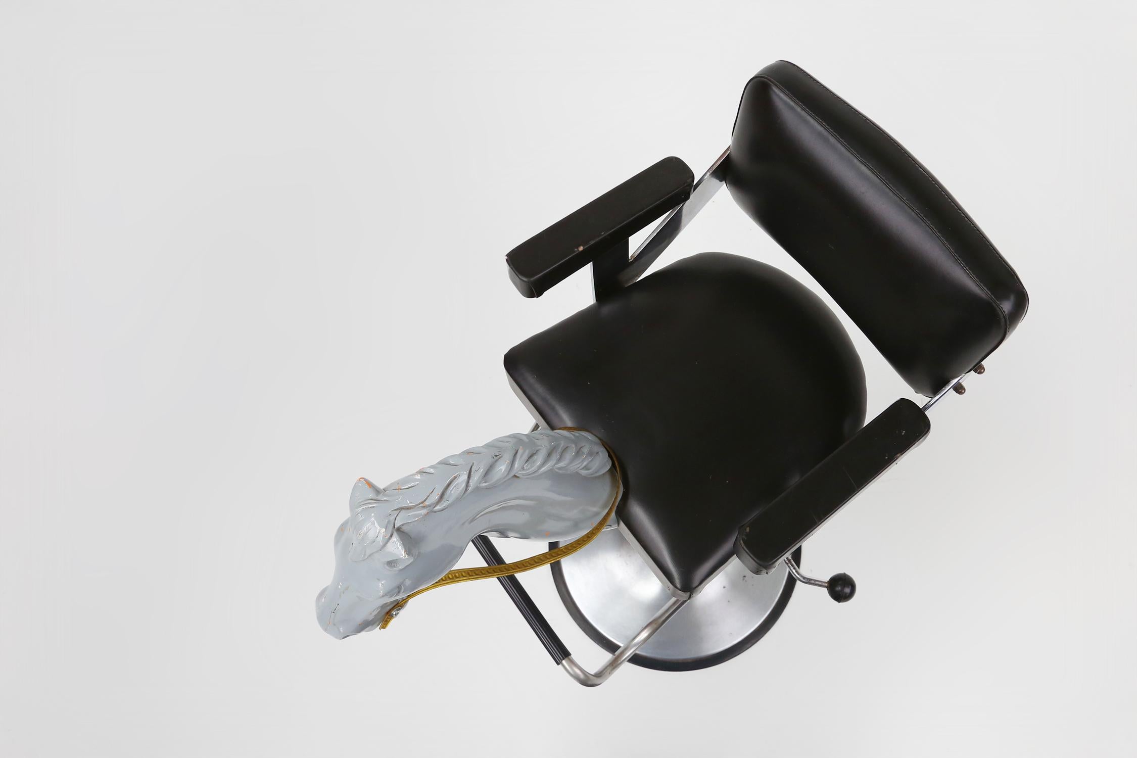 Metal Rare to find children’s barber chair with horse head, Belgium ca 1950 For Sale