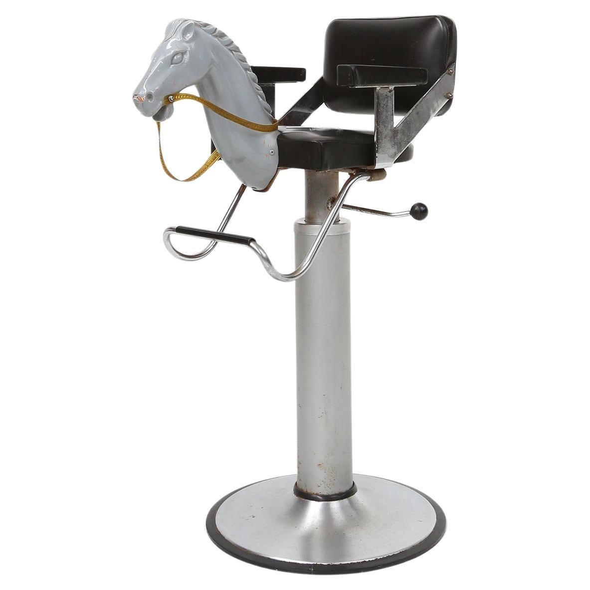 Rare to find children’s barber chair with horse head, Belgium ca 1950 For Sale