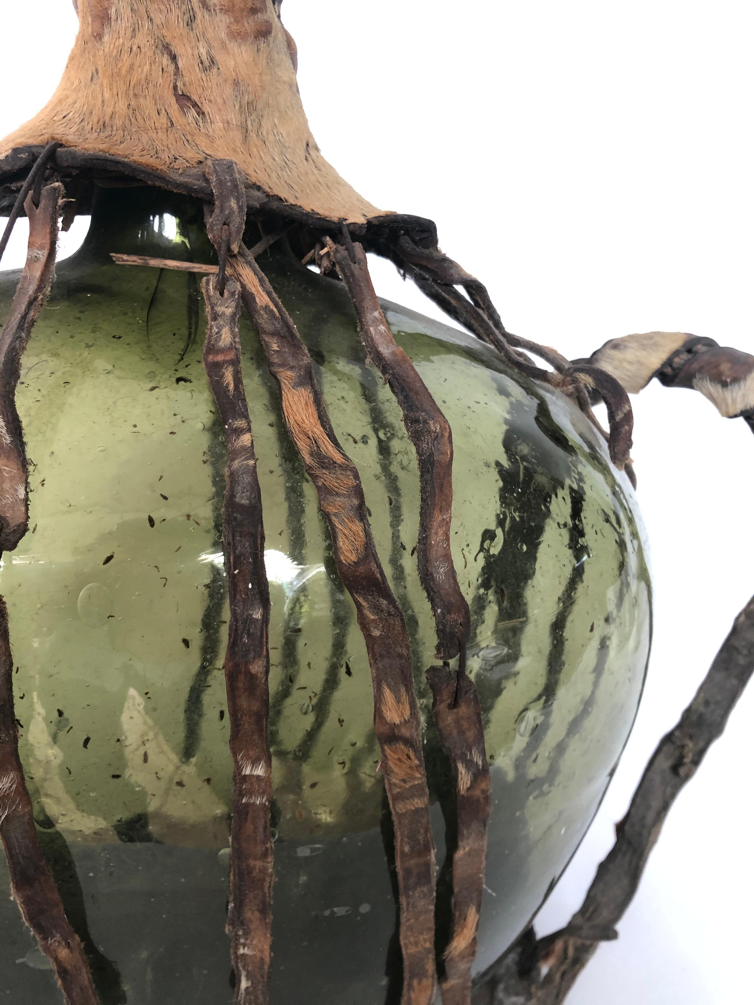 Hand-Crafted Rare to Find Green Blown Glass Demijohn from Southern Mexico, Mid 19th Century