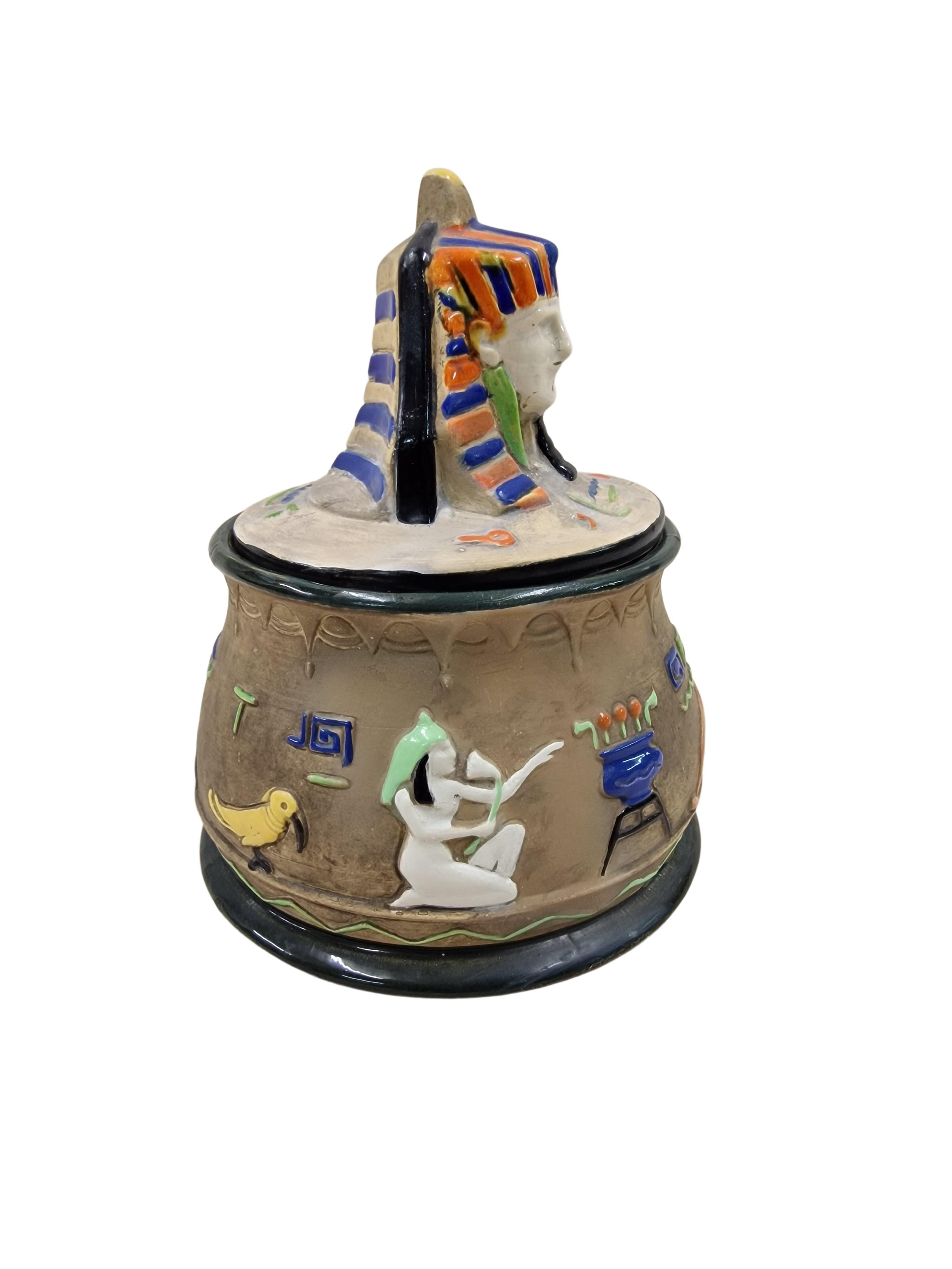 Czech Rare tobacco snuff box egypt pharao decor ceramic, Julius Dressler 1920 Art Deco