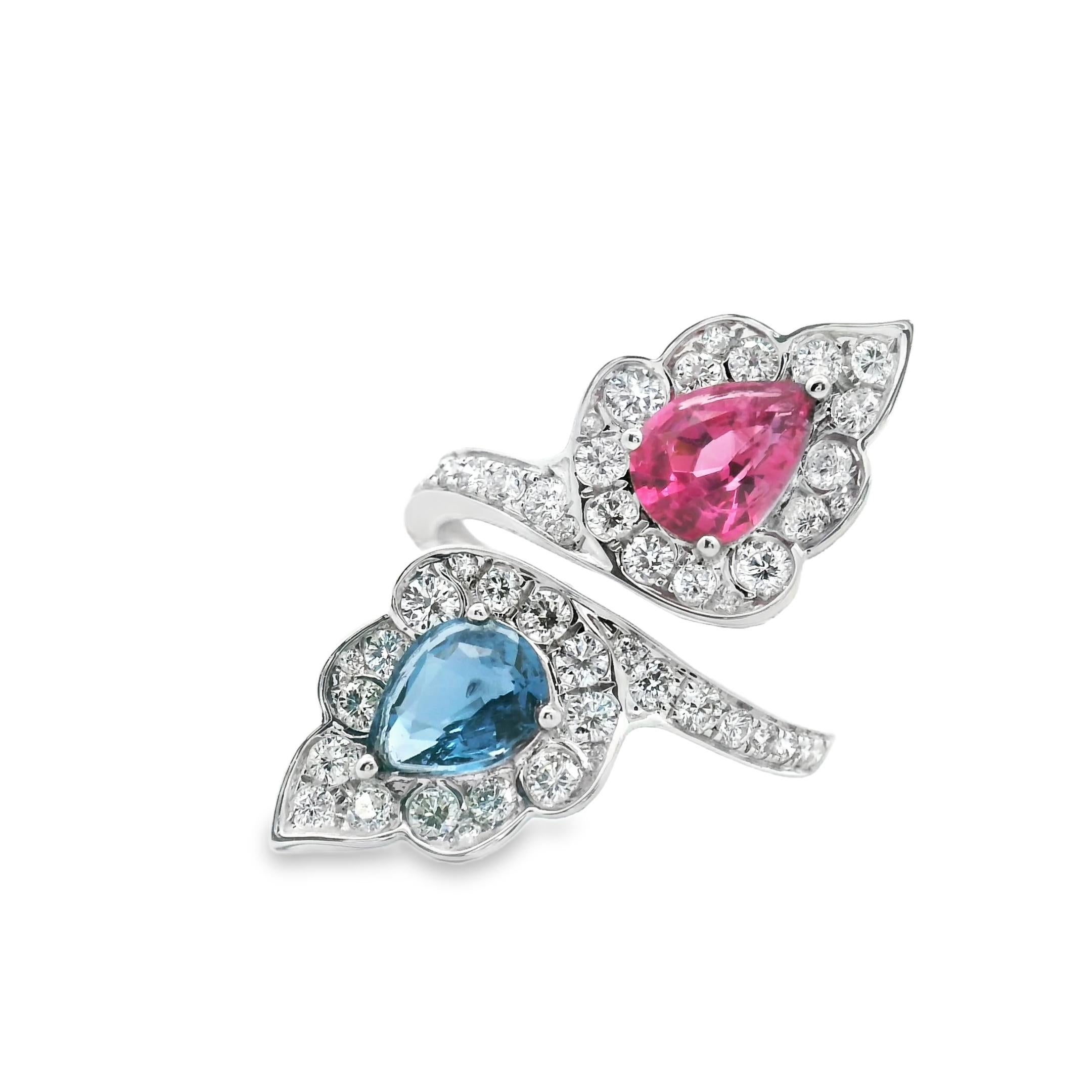 Seltener Toi et Moi Bypass-Ring aus 18 Karat Weißgold mit doppeltem rosa Spinell und blauem Spinell im Angebot 5