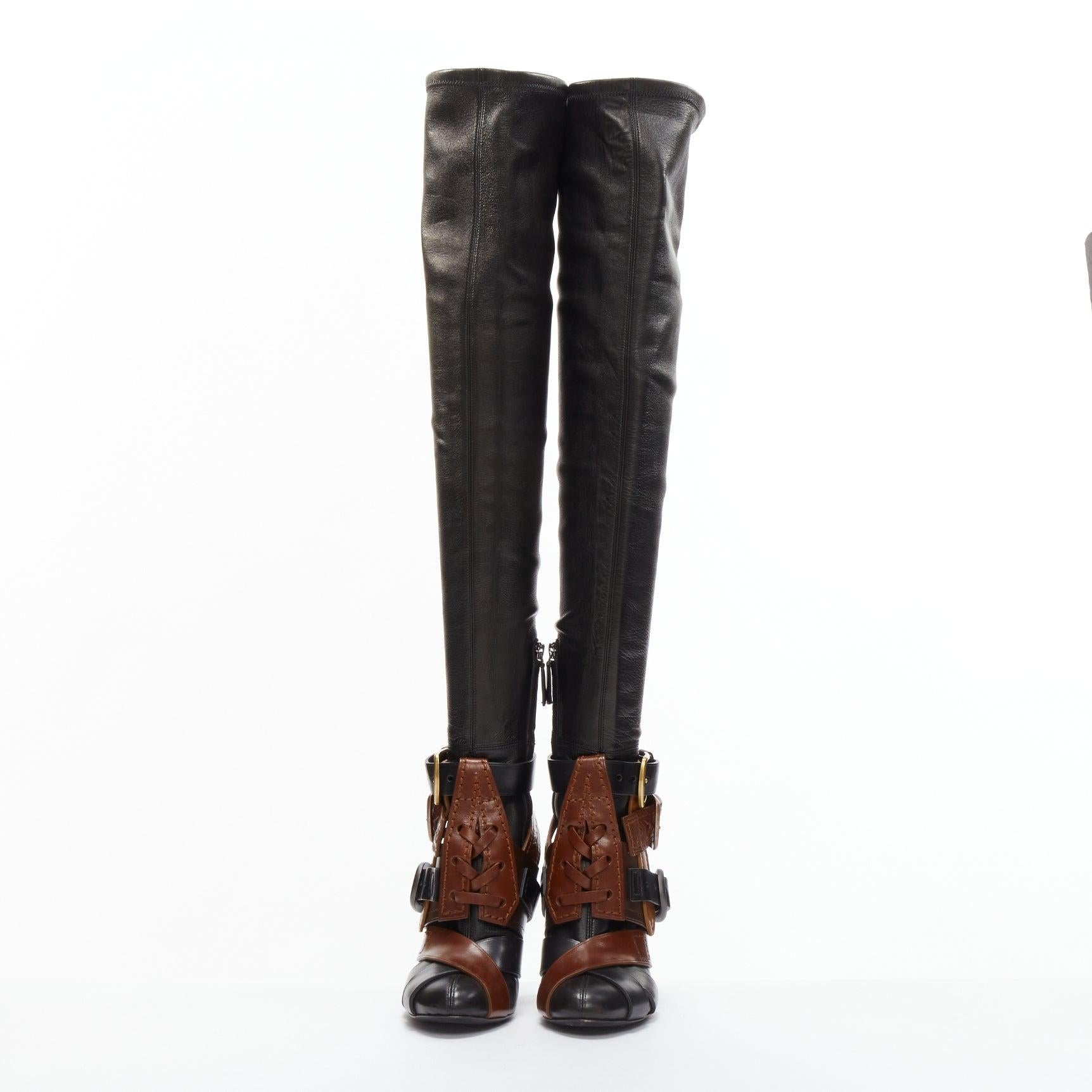 Black rare TOM FORD 2006 Runway brown belt buckle thigh high boots EU37.5 For Sale