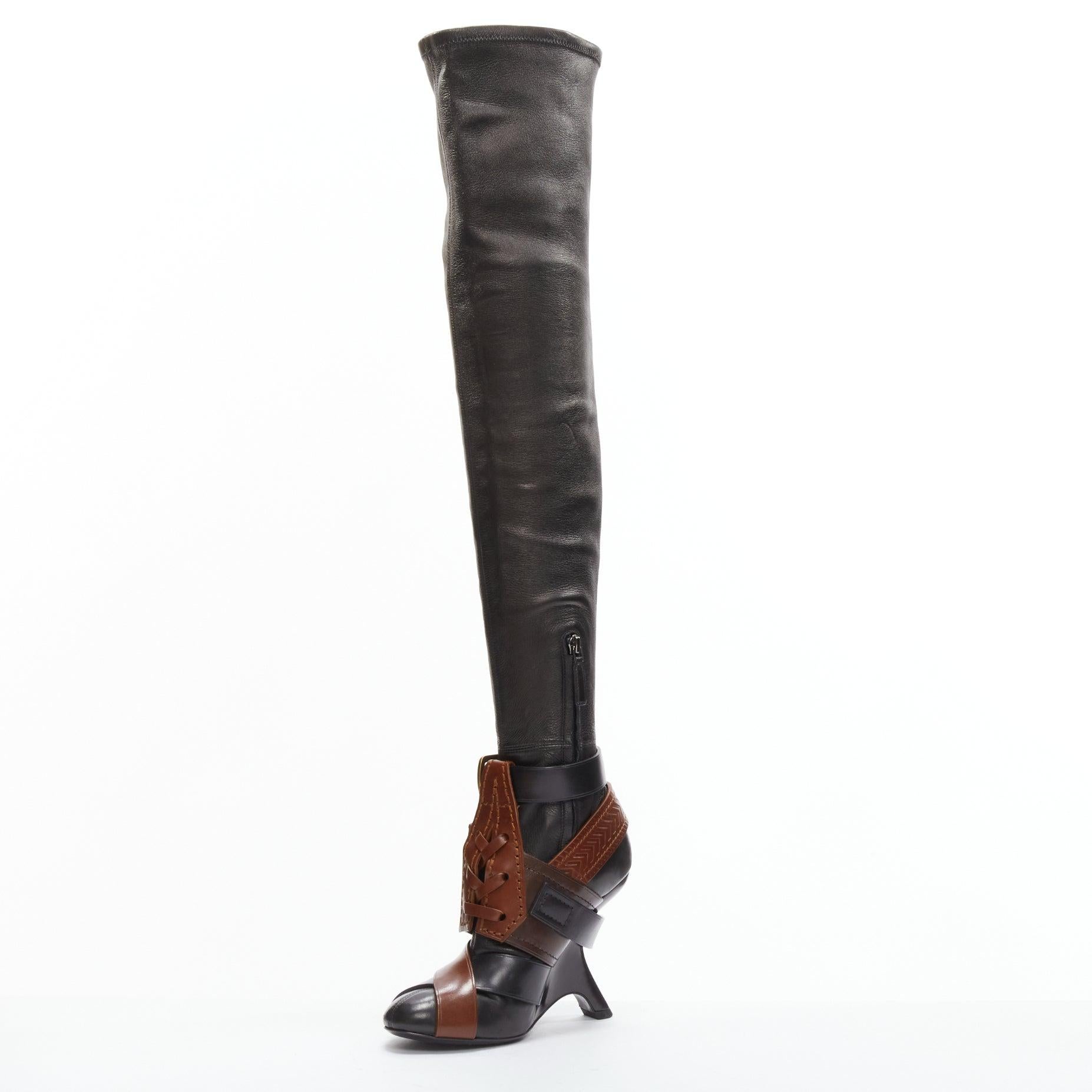 rare TOM FORD Runway brown multi belt buckle thigh high boots EU37.5 Pour femmes en vente