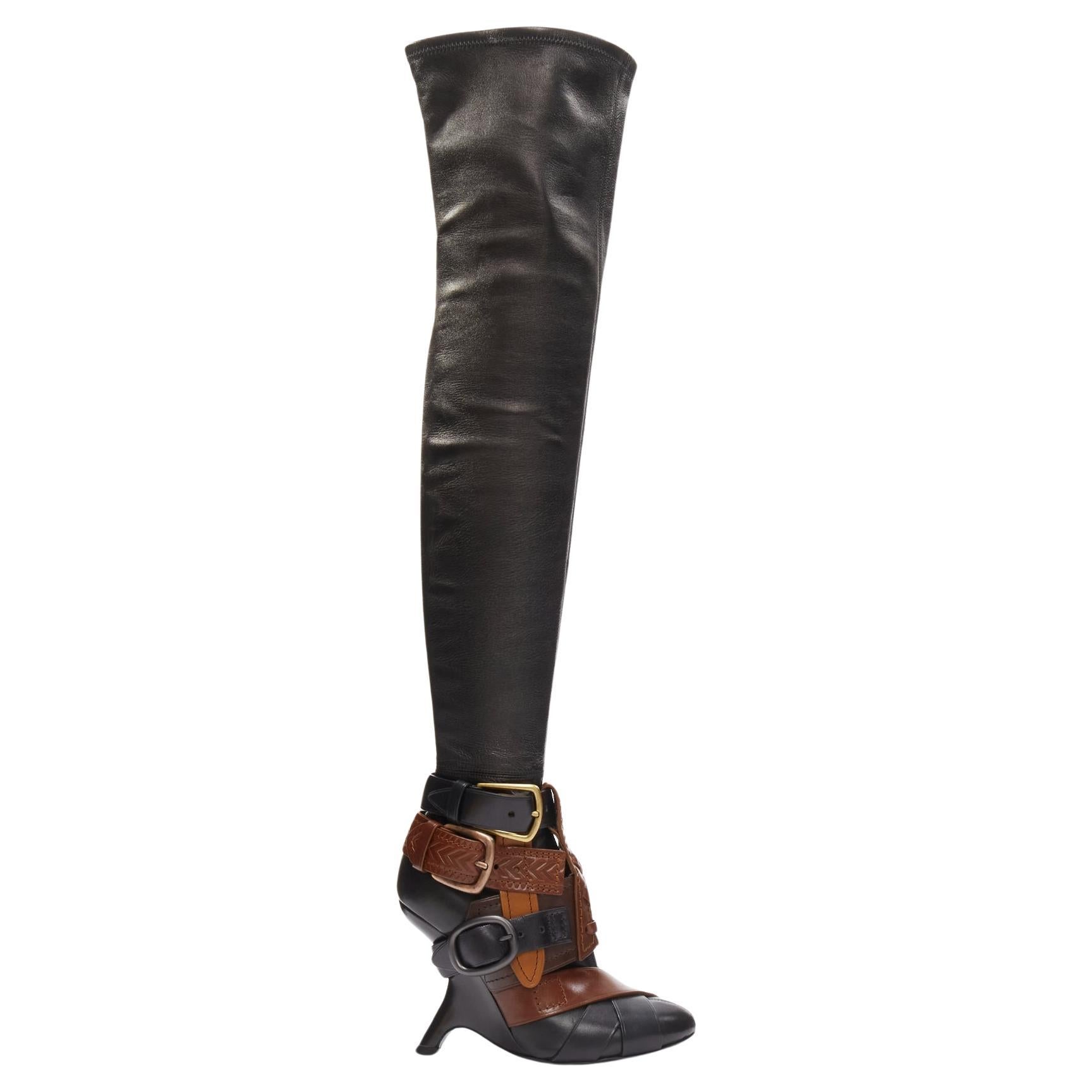 rare TOM FORD Runway brown multi belt buckle thigh high boots EU37.5 For Sale
