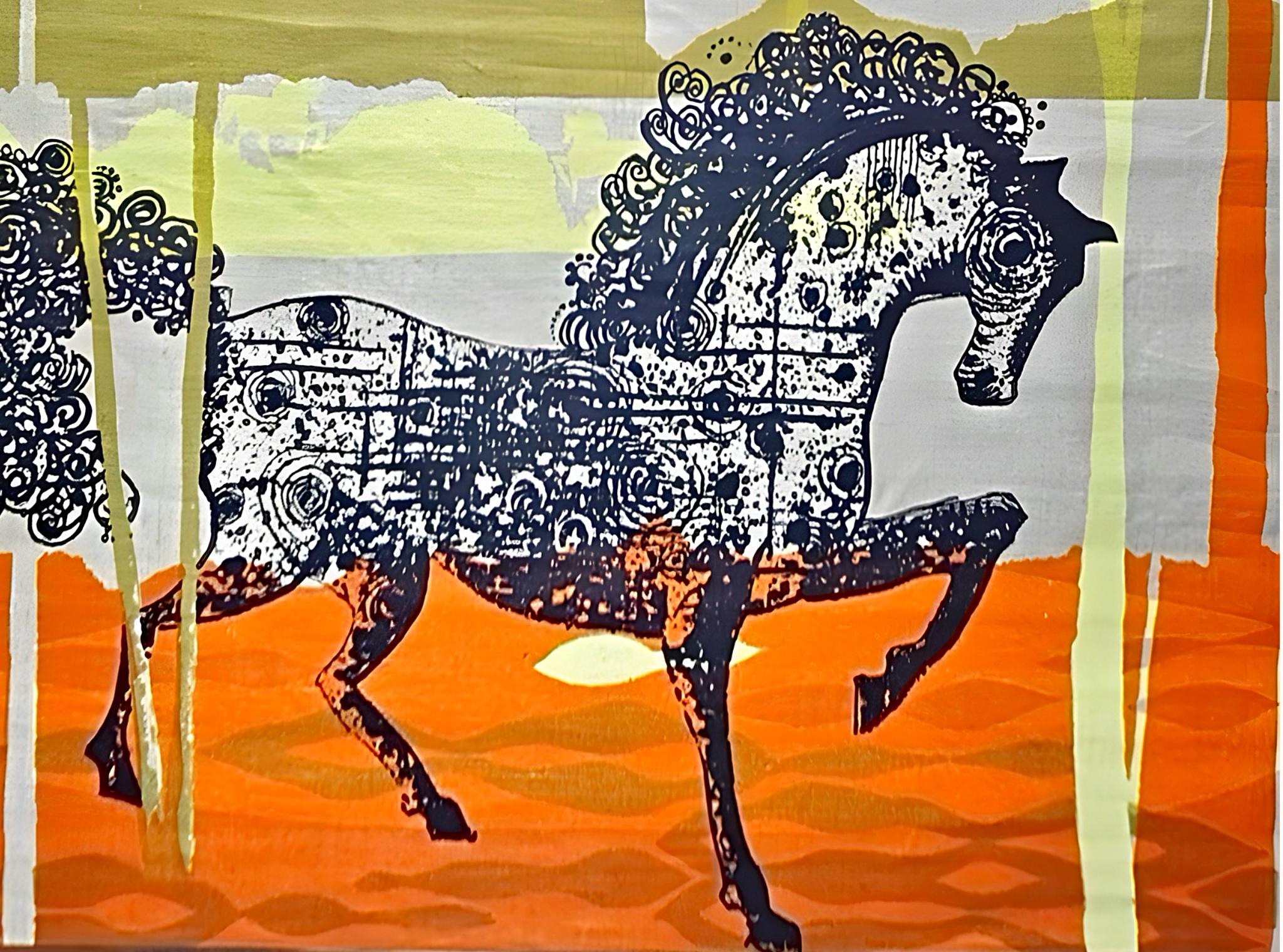 Seltene Tom Tru Robert Bushong Mid Century Modern Leinen Wand Kunst Etruscan Pferd im Angebot 4