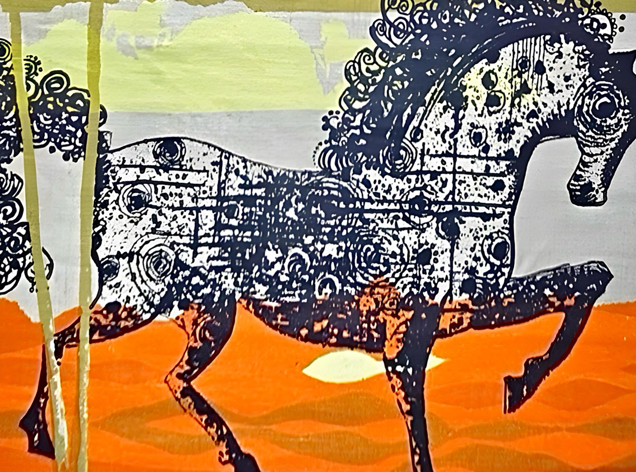 Seltene Tom Tru Robert Bushong Mid Century Modern Leinen Wand Kunst Etruscan Pferd (Moderne der Mitte des Jahrhunderts) im Angebot