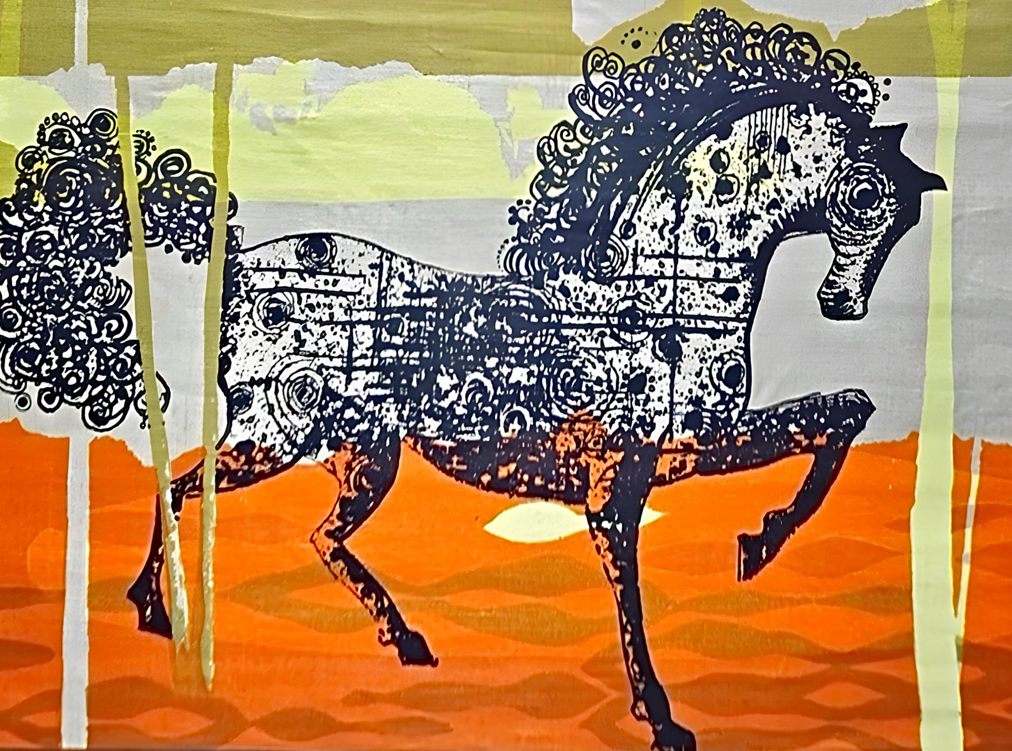 Seltene Tom Tru Robert Bushong Mid Century Modern Leinen Wand Kunst Etruscan Pferd im Angebot 2