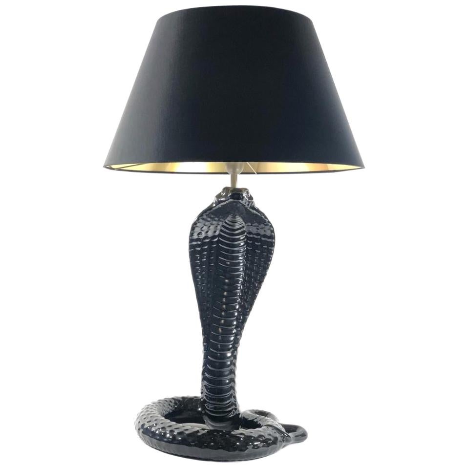 Rare Tommaso Barbi " COBRA " Sleek Black Glazed Ceramic Lamp, 1970 For Sale