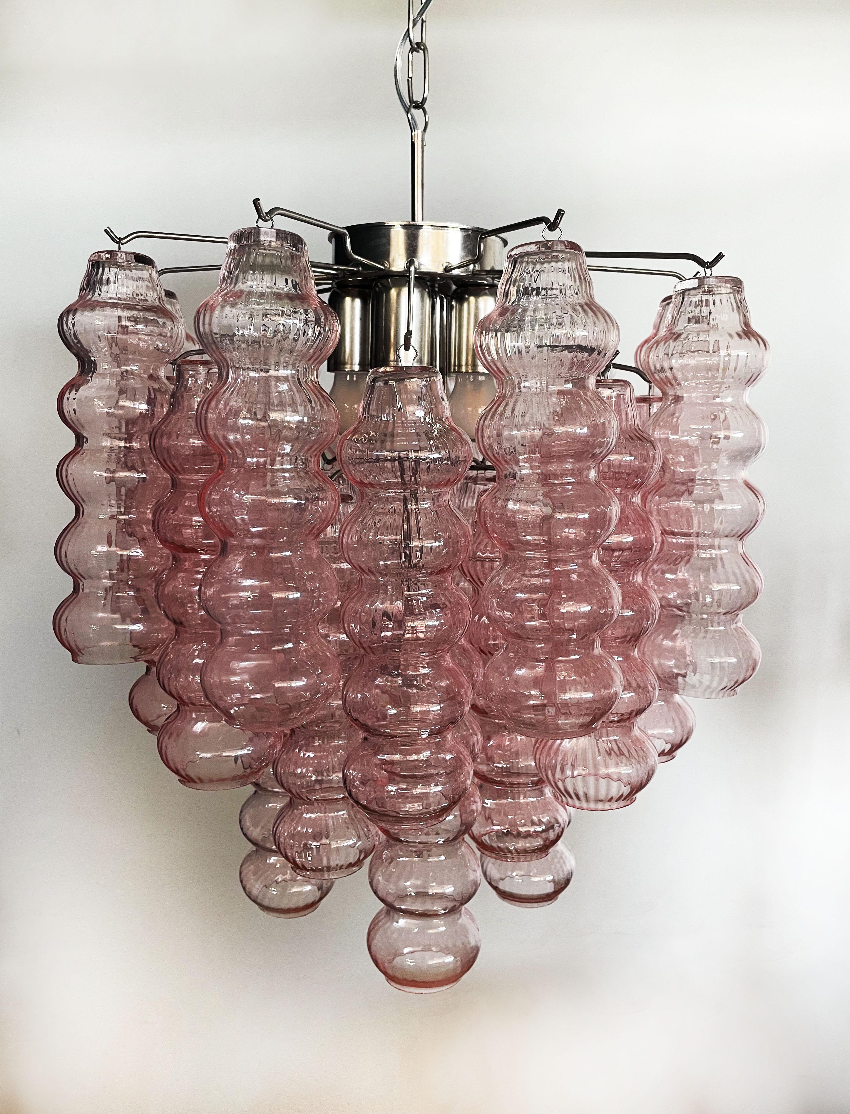 Galvanized Rare Top Quality Murano Vintage Chandelier, 26 Pink Glasses Tube For Sale