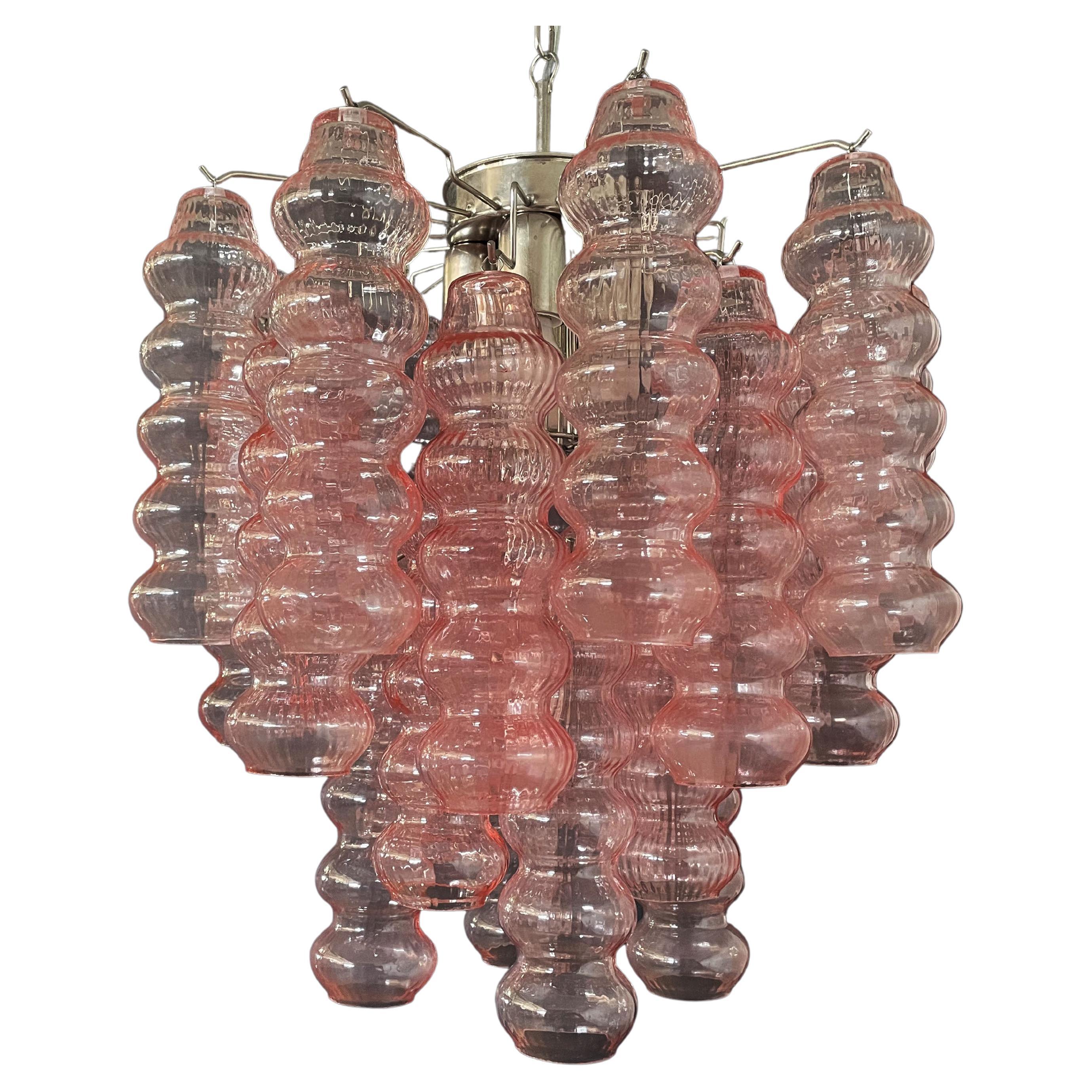 Rare Top Quality Murano Vintage Chandelier, 26 Pink Glasses Tube For Sale