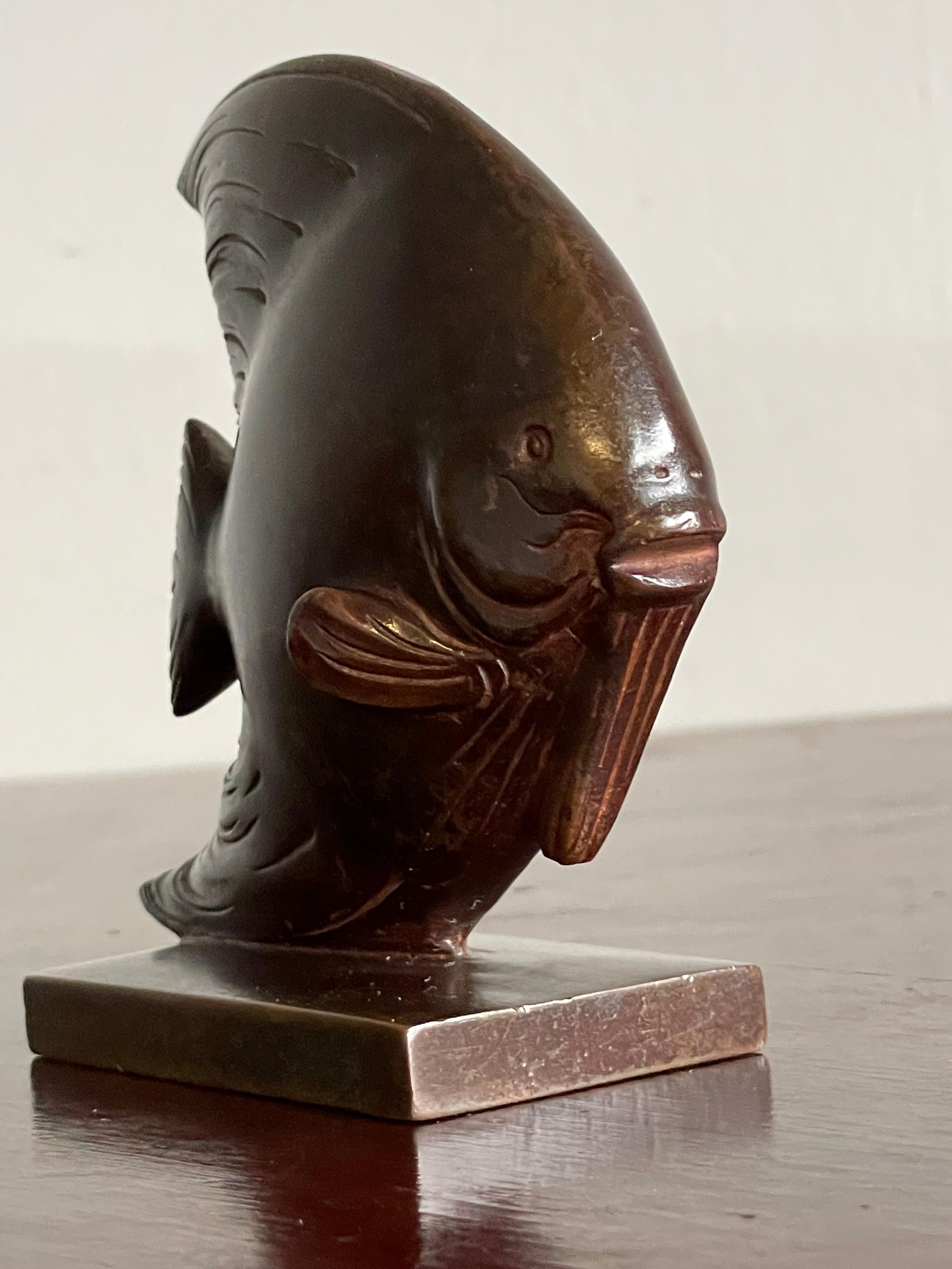 European Rare & Top Workmanship Midcentury Bronze Discus Fish Sculpture W Stunning Patina For Sale
