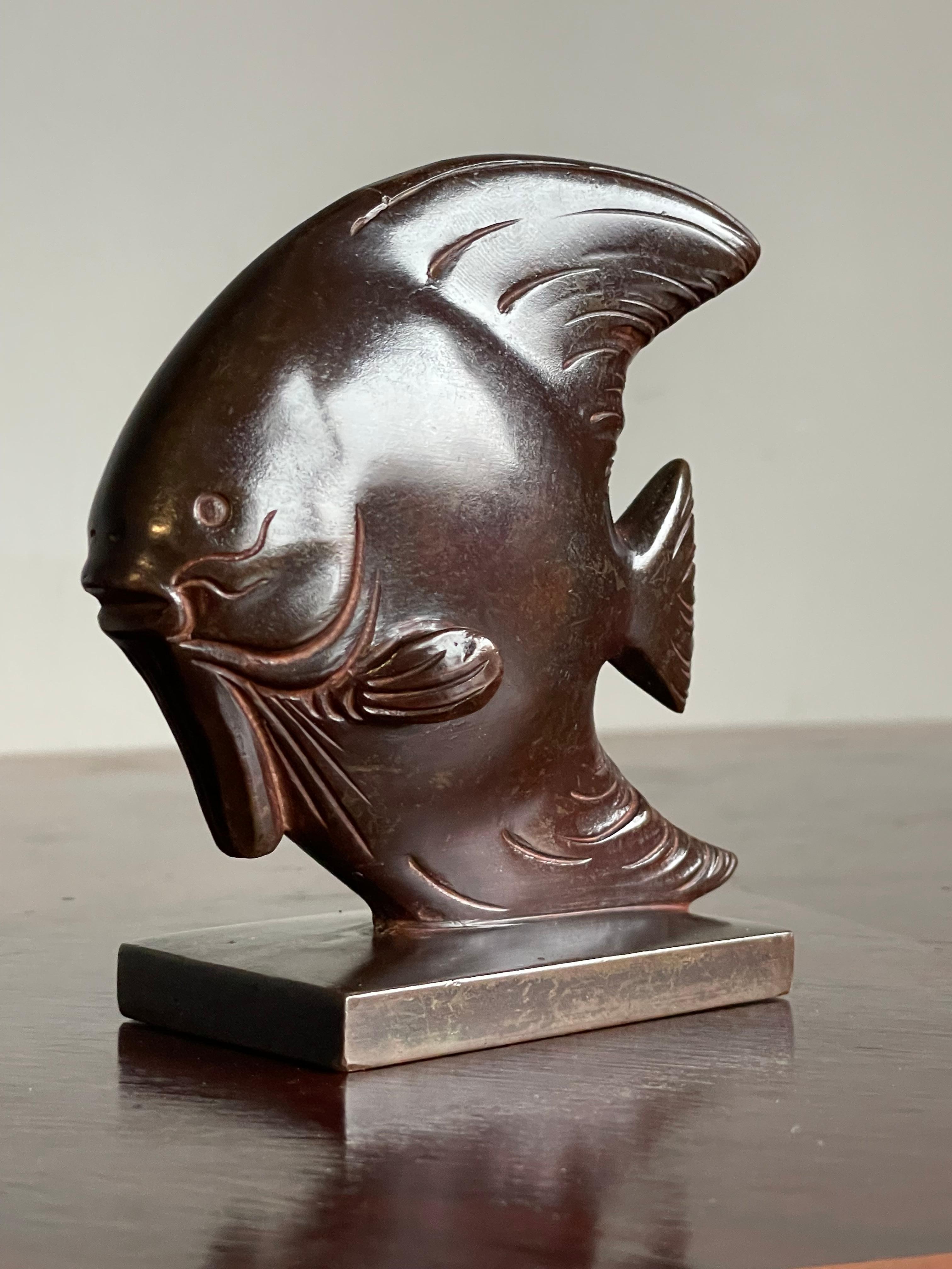 European Rare & Top Workmanship Midcentury Bronze Discus Fish Sculpture W Stunning Patina For Sale