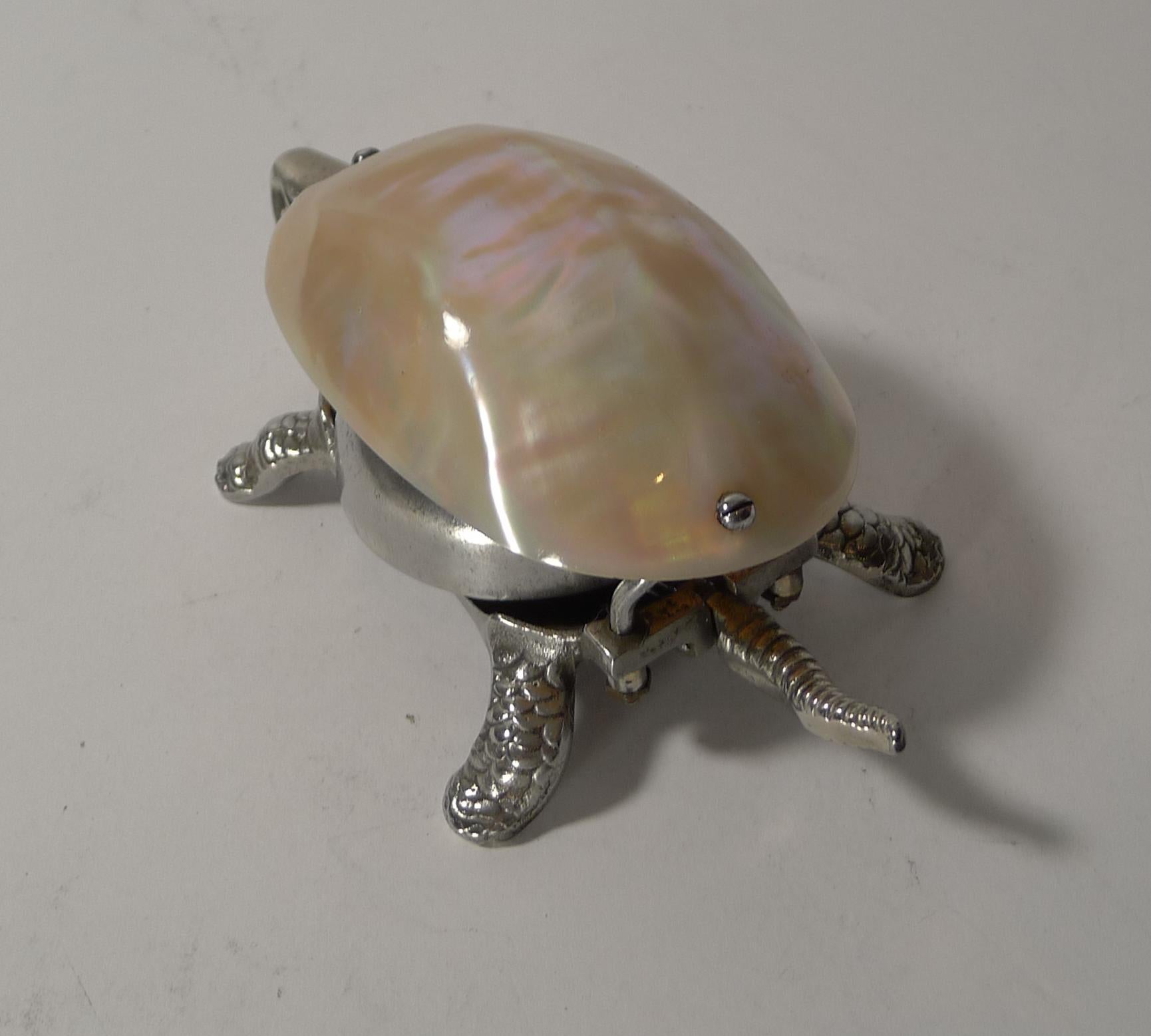 Rare Tortoise Mechanical Desk Bell with Mother of Pearl Shell In Good Condition In Bath, GB