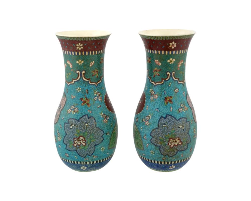 Ming Rare Totai Shippo Pair Large Japanese Cloisonne On Porcelain Enamel Vases For Sale