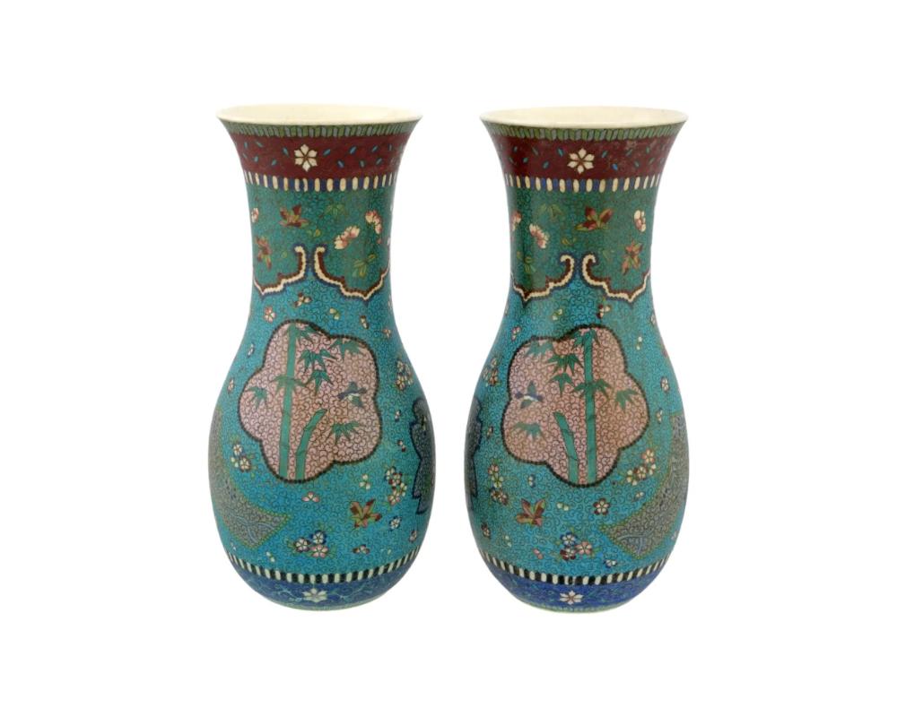Rare Totai Shippo Pair Large Japanese Cloisonne On Porcelain Enamel Vases In Good Condition For Sale In Queens, NY