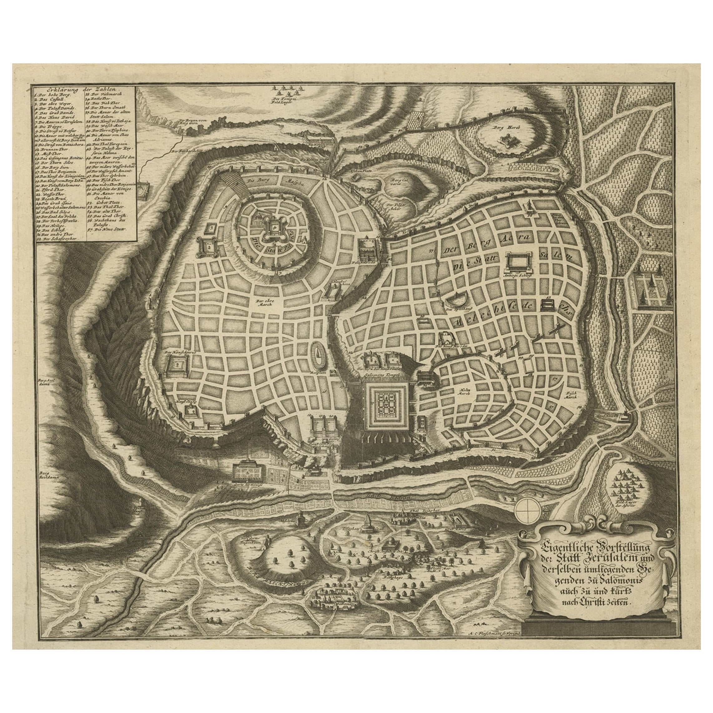Rara pianta della città di Gerusalemme, con un'ampia chiave di lettura dei luoghi, 1708