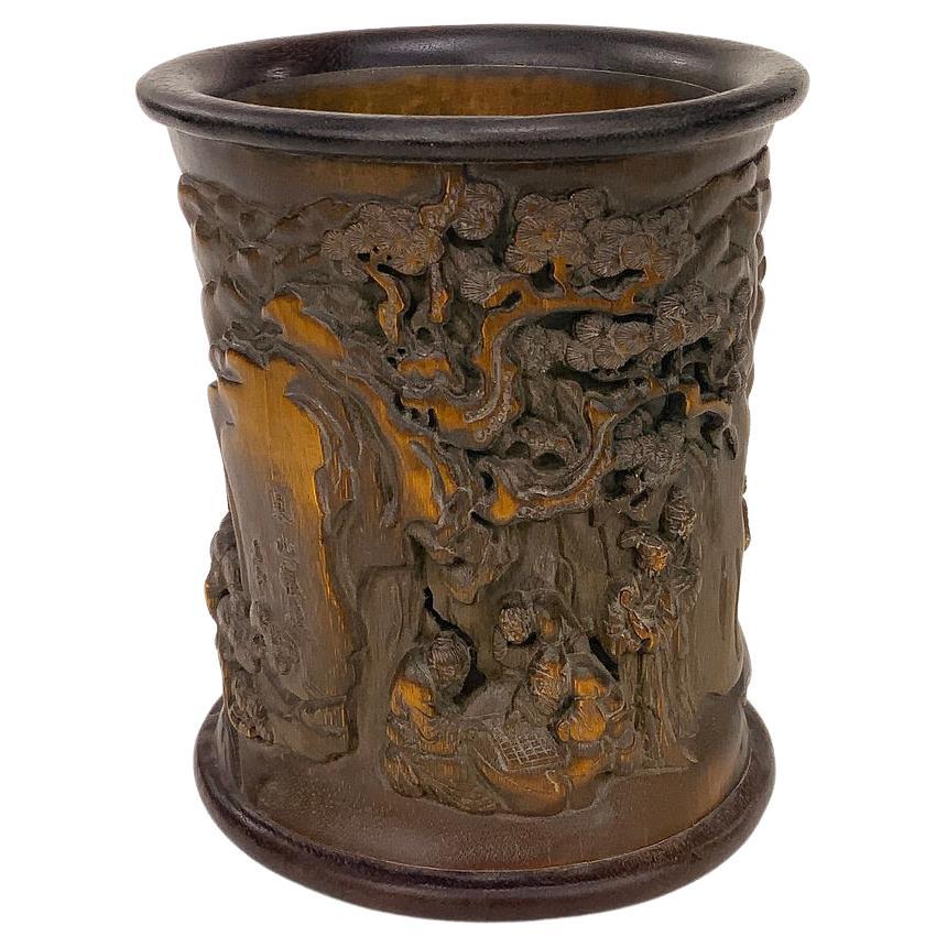 Rare Traditional Chinese Bamboo Hand-carved Brush Pot  For Sale