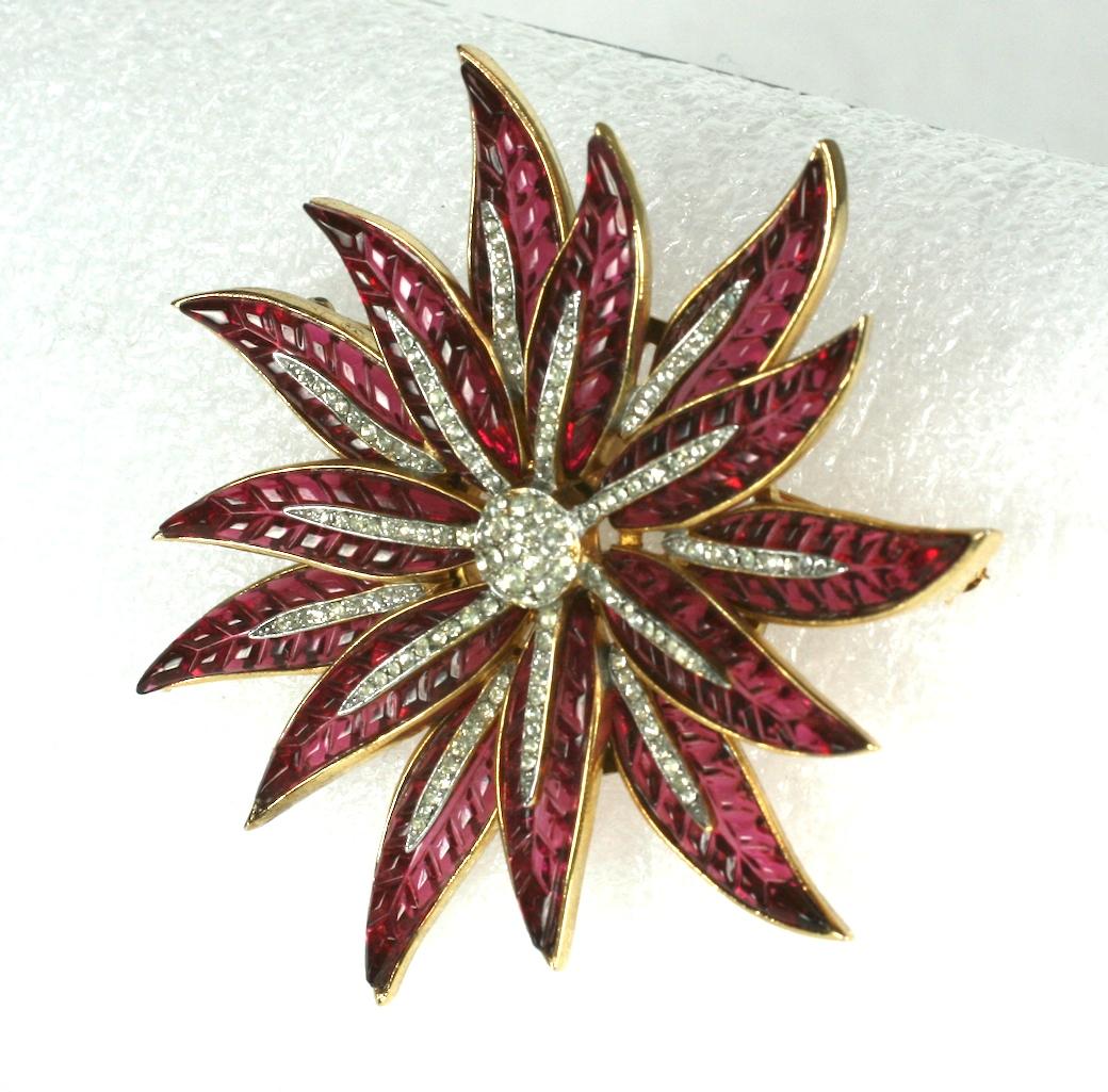 Art Deco Rare Trifari Alfred Philippe Pave and Invisibly Set Ruby Flower Brooch