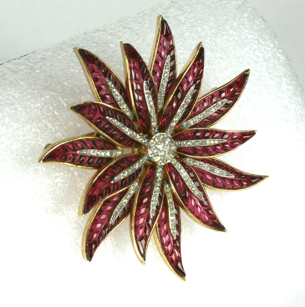 Rare Trifari Alfred Philippe Pave and Invisibly Set Ruby Flower Brooch In Excellent Condition In New York, NY