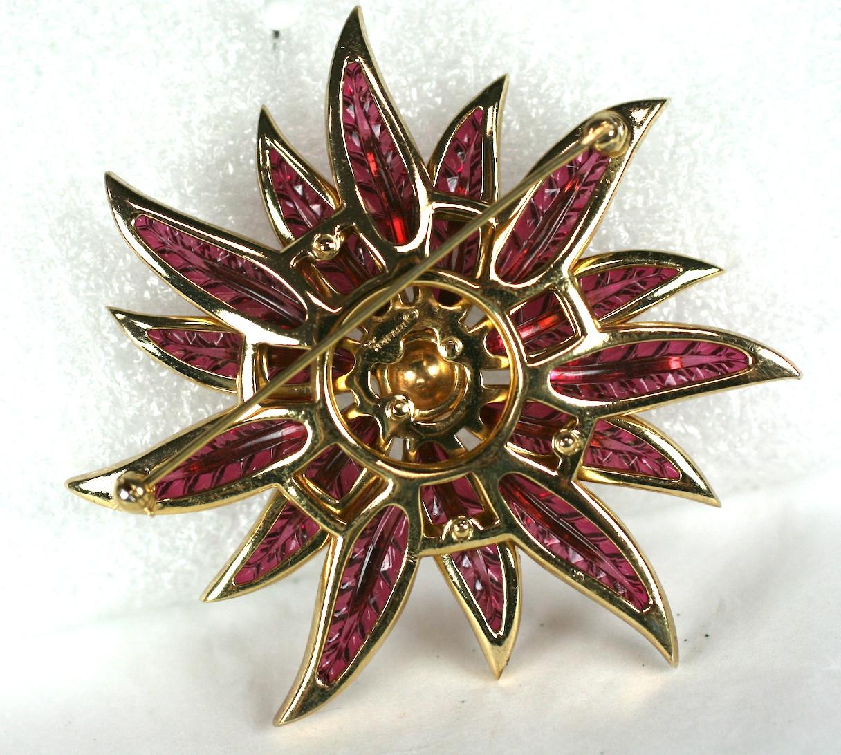 Women's or Men's Rare Trifari Alfred Philippe Pave and Invisibly Set Ruby Flower Brooch
