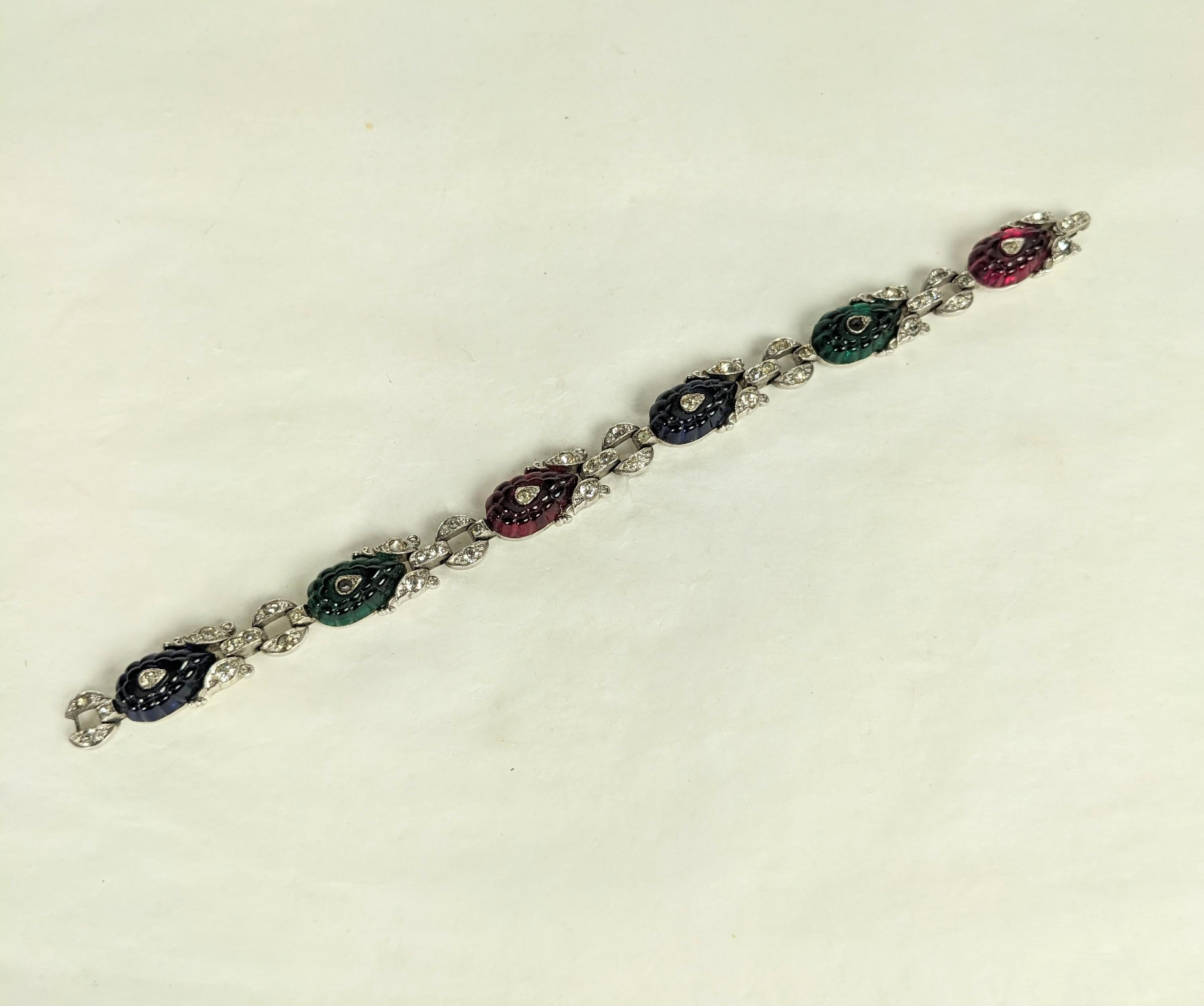 Rare Trifari Art Deco Fruit Salad Bracelet from the 1930's by Alfred Phillipe. Molded glass 