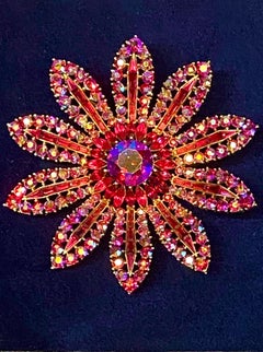 Rare Trifari large 3.25" fascia red aurora borealis margarita flower pin brooch