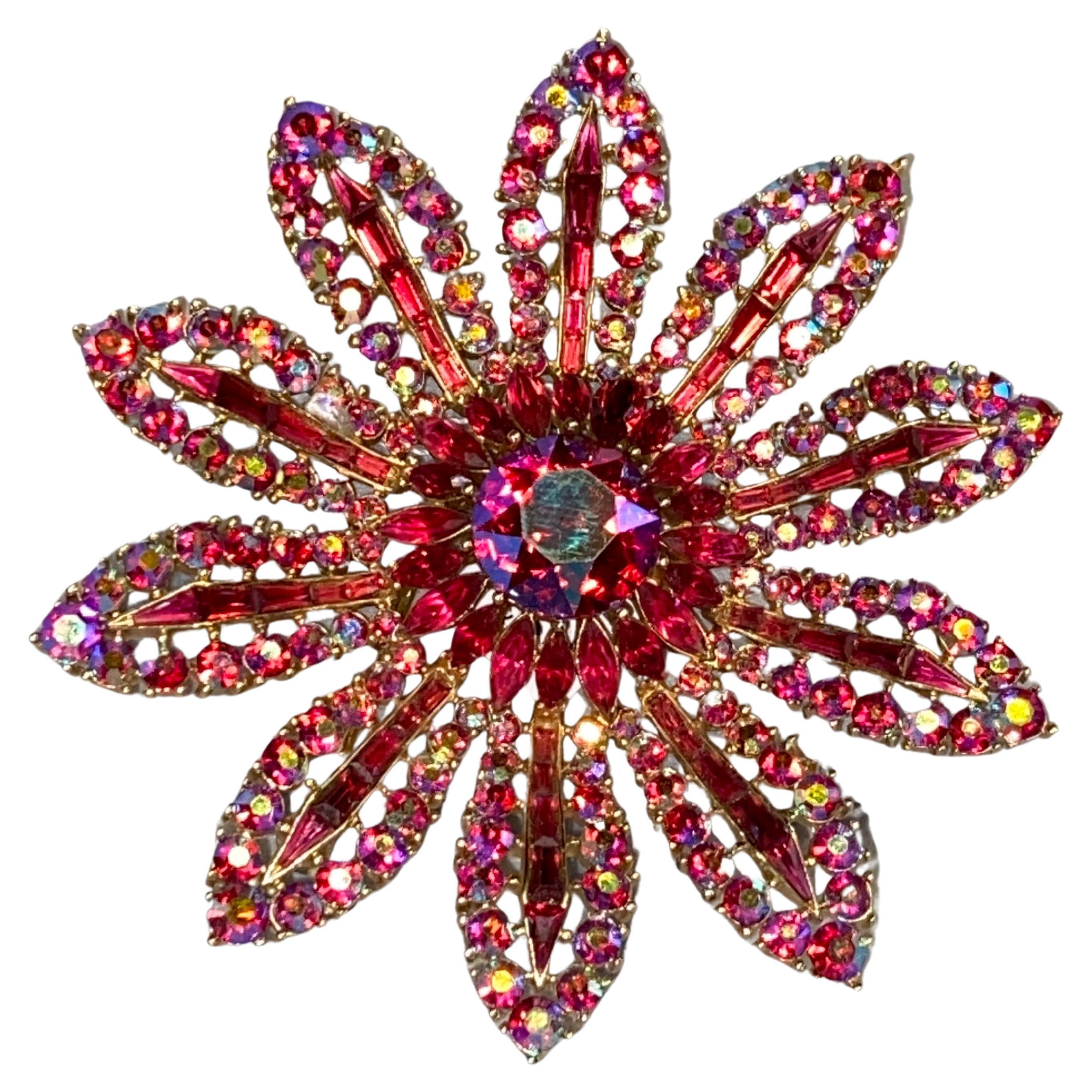 Seltene Trifari große 3,25" fascia rot Aurora borealis Margarita Blume Pin Brosche im Angebot