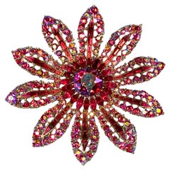 Rare Trifari large 3.25" fascia red aurora borealis margarita flower pin brooch