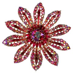 Retro Rare Trifari large 3.25" fascia red aurora borealis margarita flower pin brooch