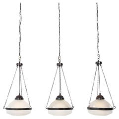 Rare Trio Of Antique Holophane Steplite Pendant Lights With Aged Brass Fittings
