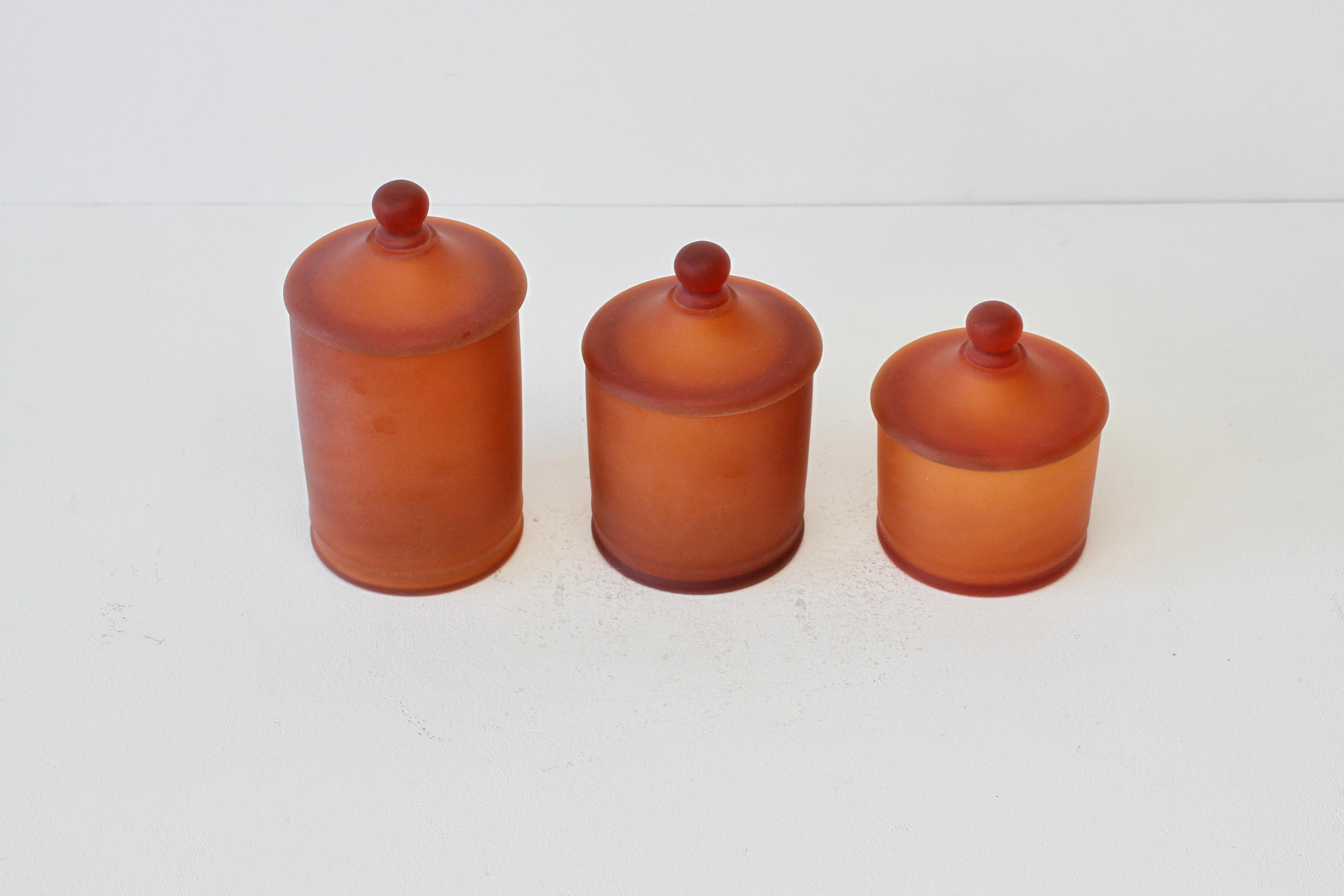 Blown Glass Rare Trio of Cenedese Amber 'Corroso' Glass Apothecary Lidded Jars Murano Italy