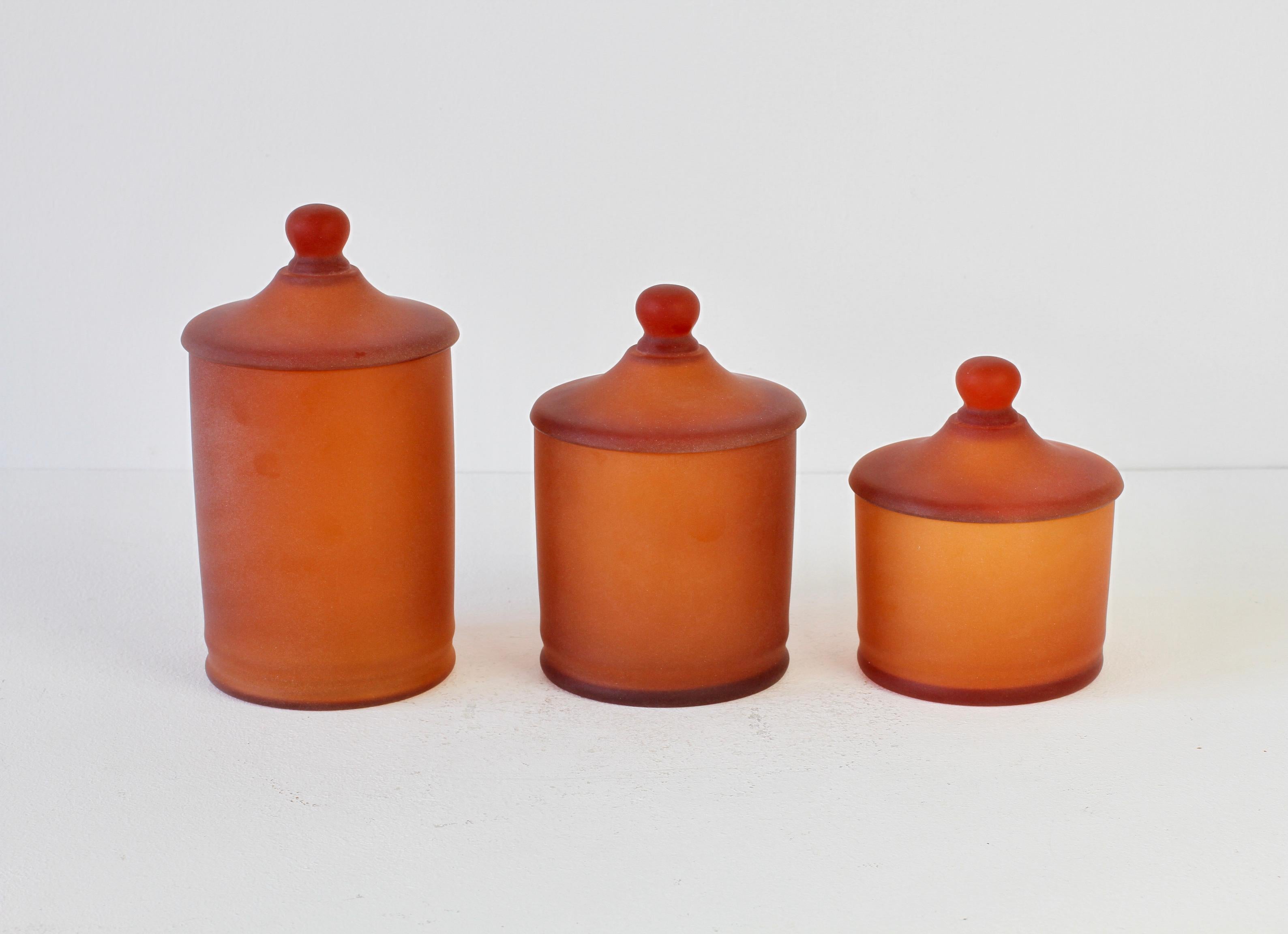 Mid-Century Modern Rare Trio of Cenedese Amber 'Corroso' Glass Apothecary Lidded Jars Murano Italy
