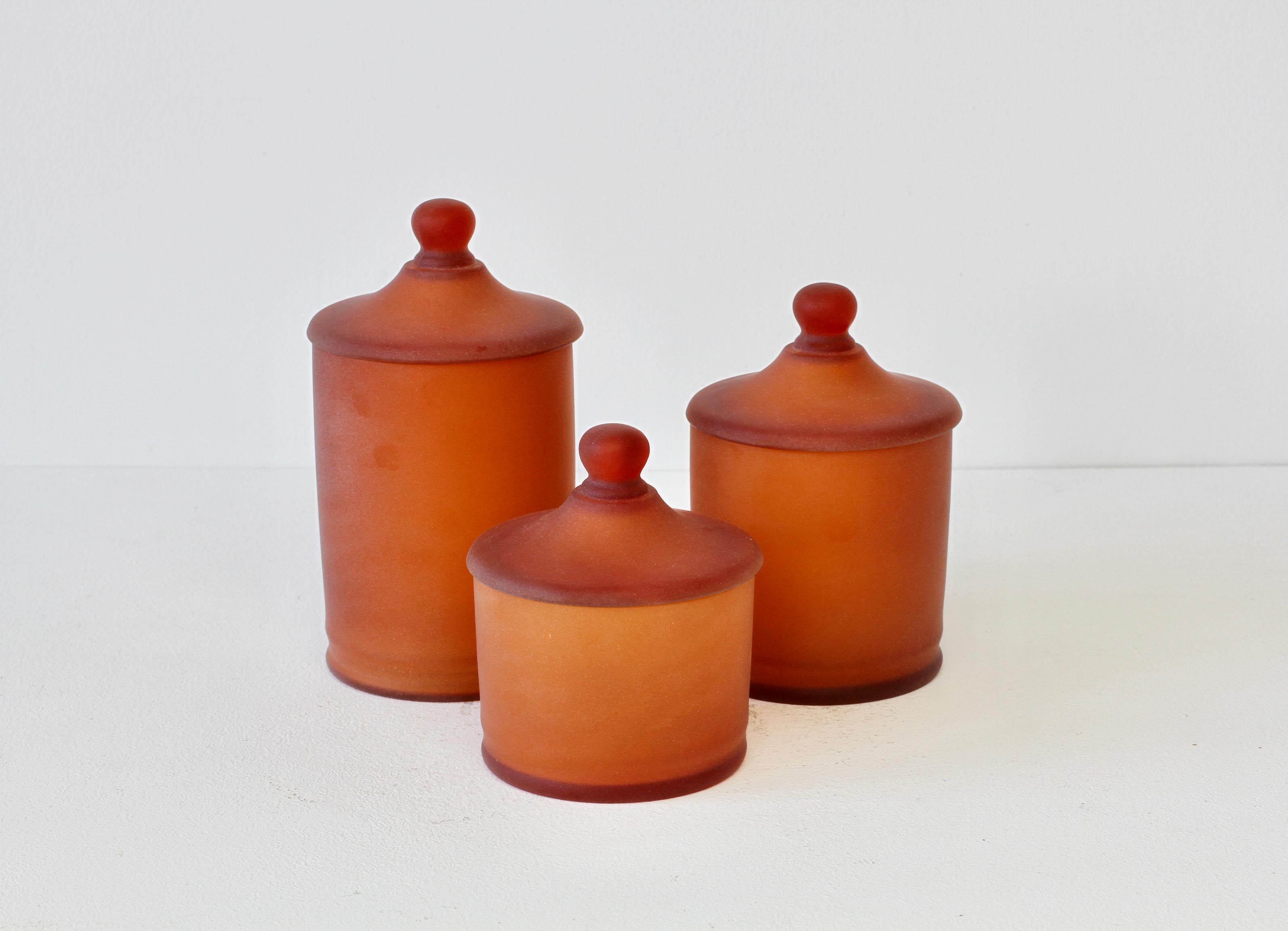 Italian Rare Trio of Cenedese Amber 'Corroso' Glass Apothecary Lidded Jars Murano Italy