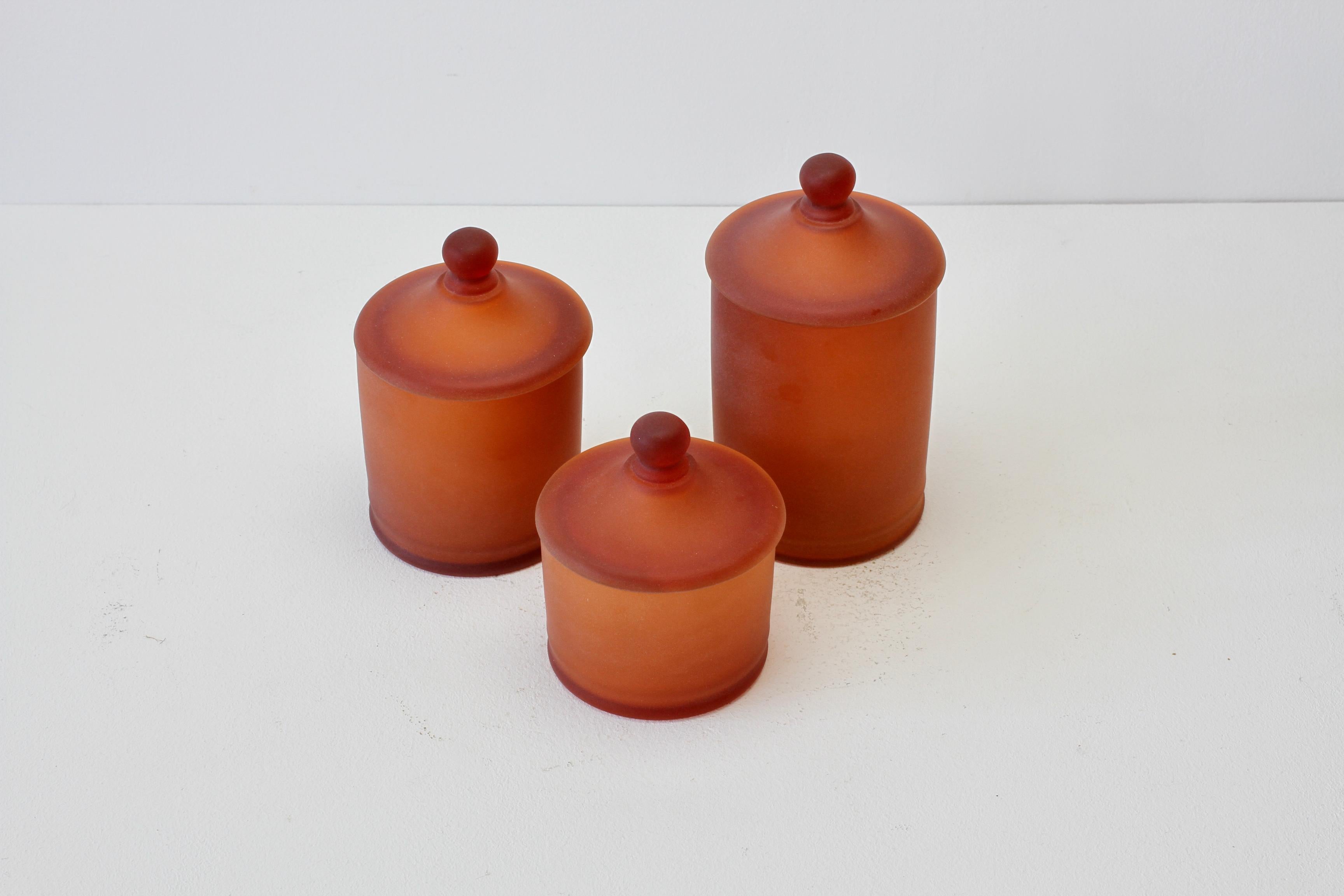 20th Century Rare Trio of Cenedese Amber 'Corroso' Glass Apothecary Lidded Jars Murano Italy