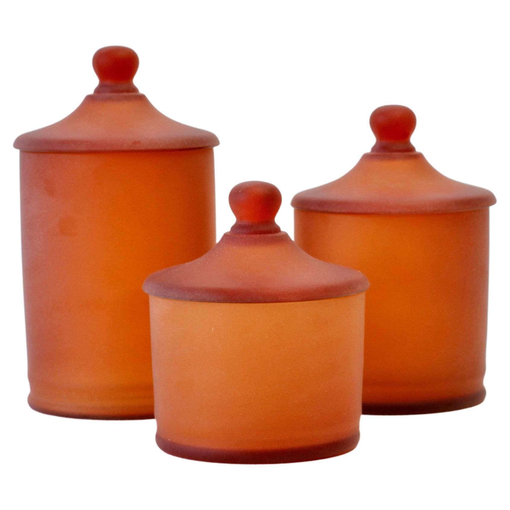 Rare Trio of Cenedese Amber 'Corroso' Glass Apothecary Lidded Jars Murano Italy