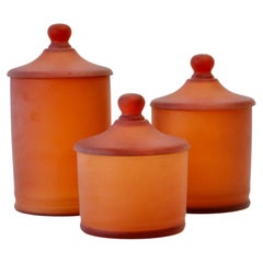 Used Rare Trio of Cenedese Amber 'Corroso' Glass Apothecary Lidded Jars Murano Italy