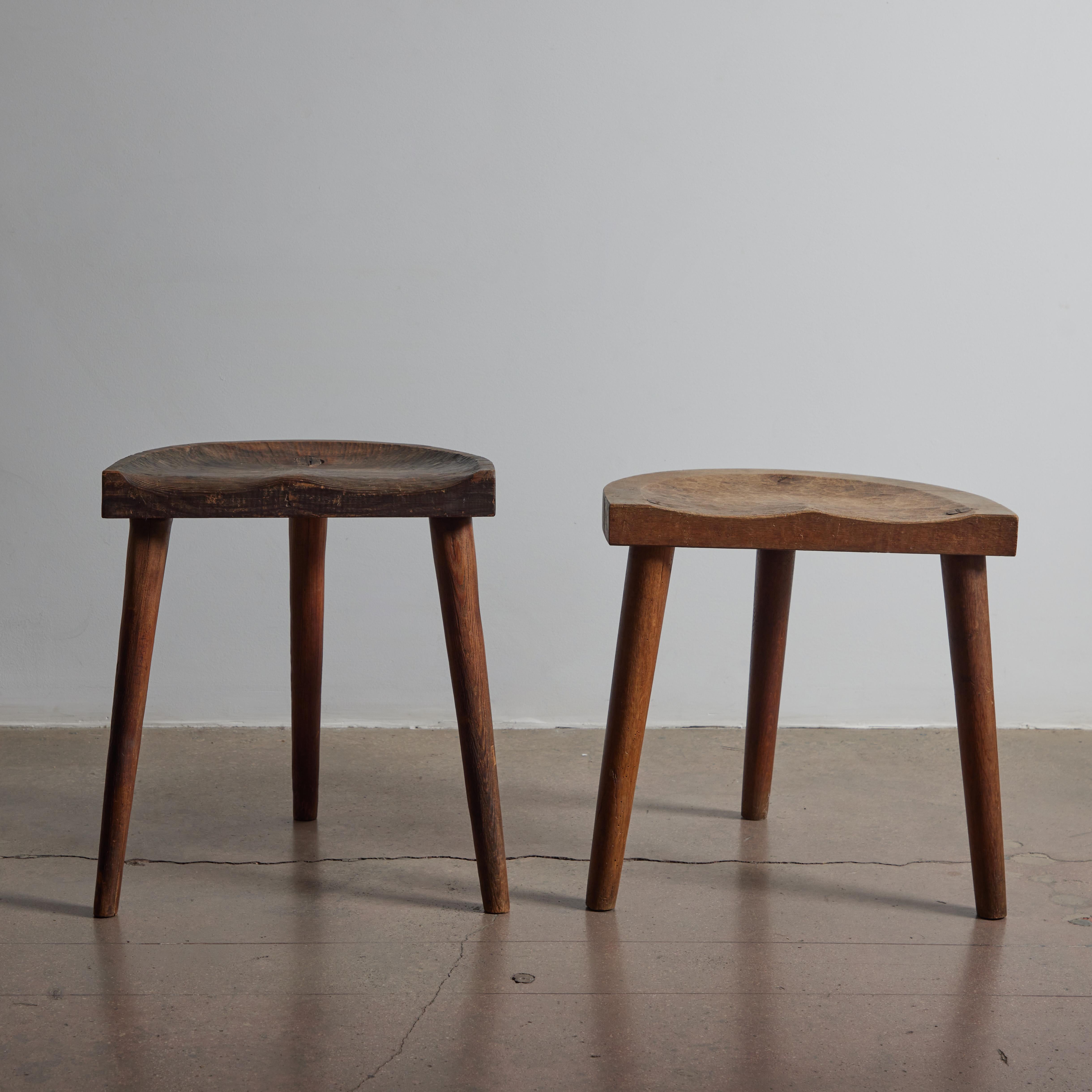 Hand gouged oak stools by Jean Touret for Ateliers Marolles. Made in France circa 1960s. Priced per item.

Jean Touret moved to Pezay, a rural area near Marolles, in 1946. While there, he became highly conscious of the uncertainty that Industrial