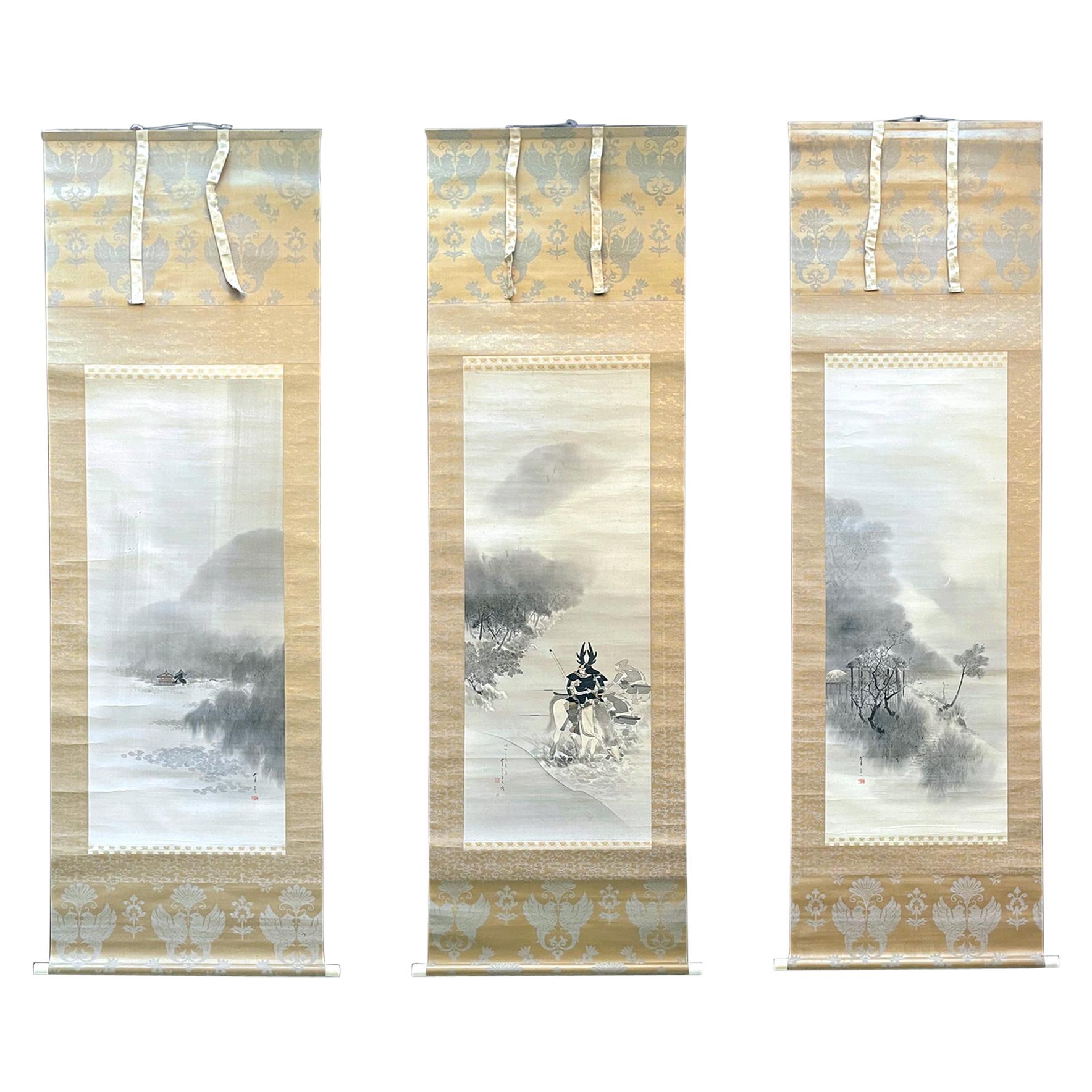 Seltenes Triptychon-Schnörkelgemälde von Watanabe Seitei aus der Meiji-Periode